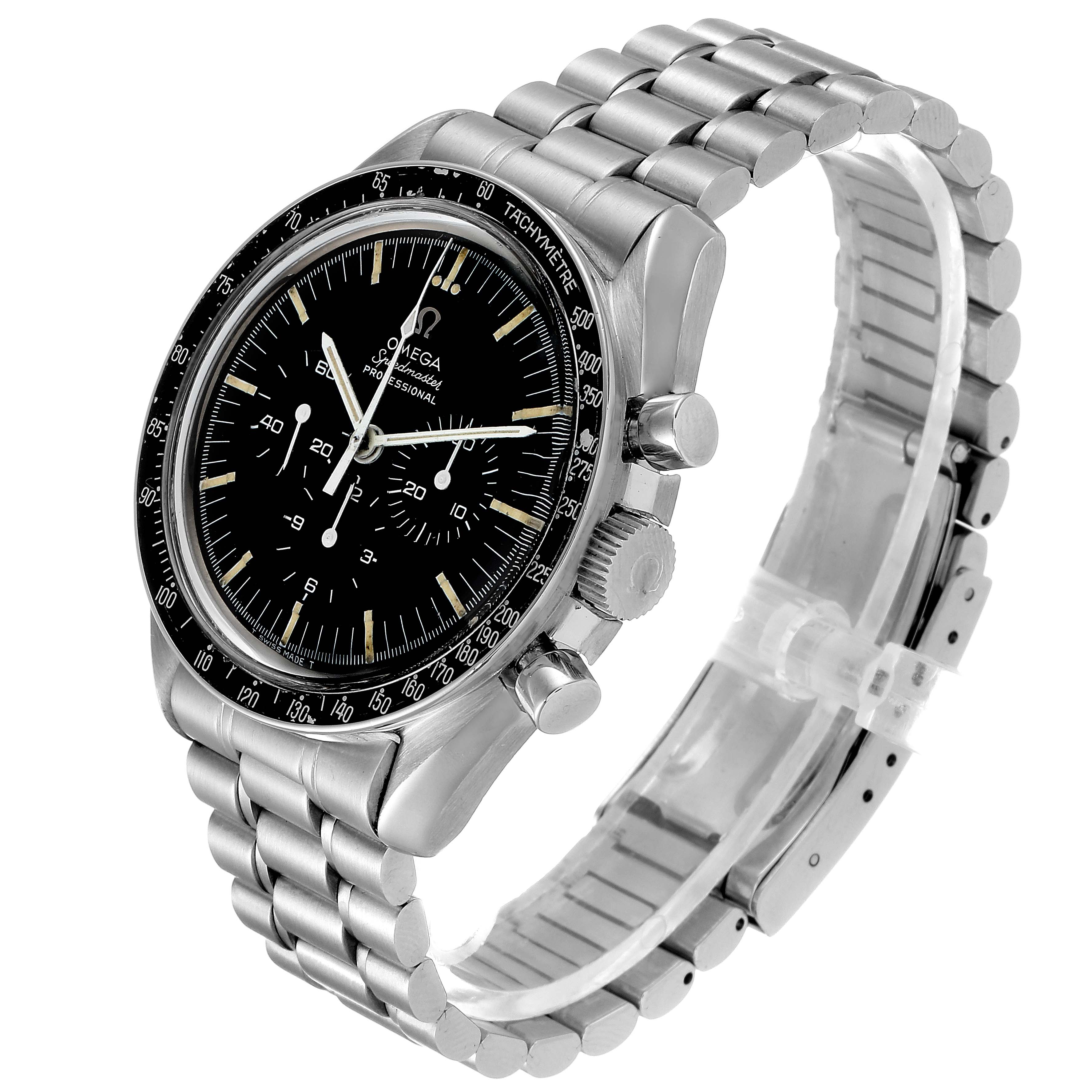 The Omega Speedmaster 145.022 Men's Stainless Steel Black Dial 145.022 Men's Stainless Steel Black Dial watch is shown at a three-quarter angle, highlighting its dial, bezel, crown, pushers, and metal bracelet.
