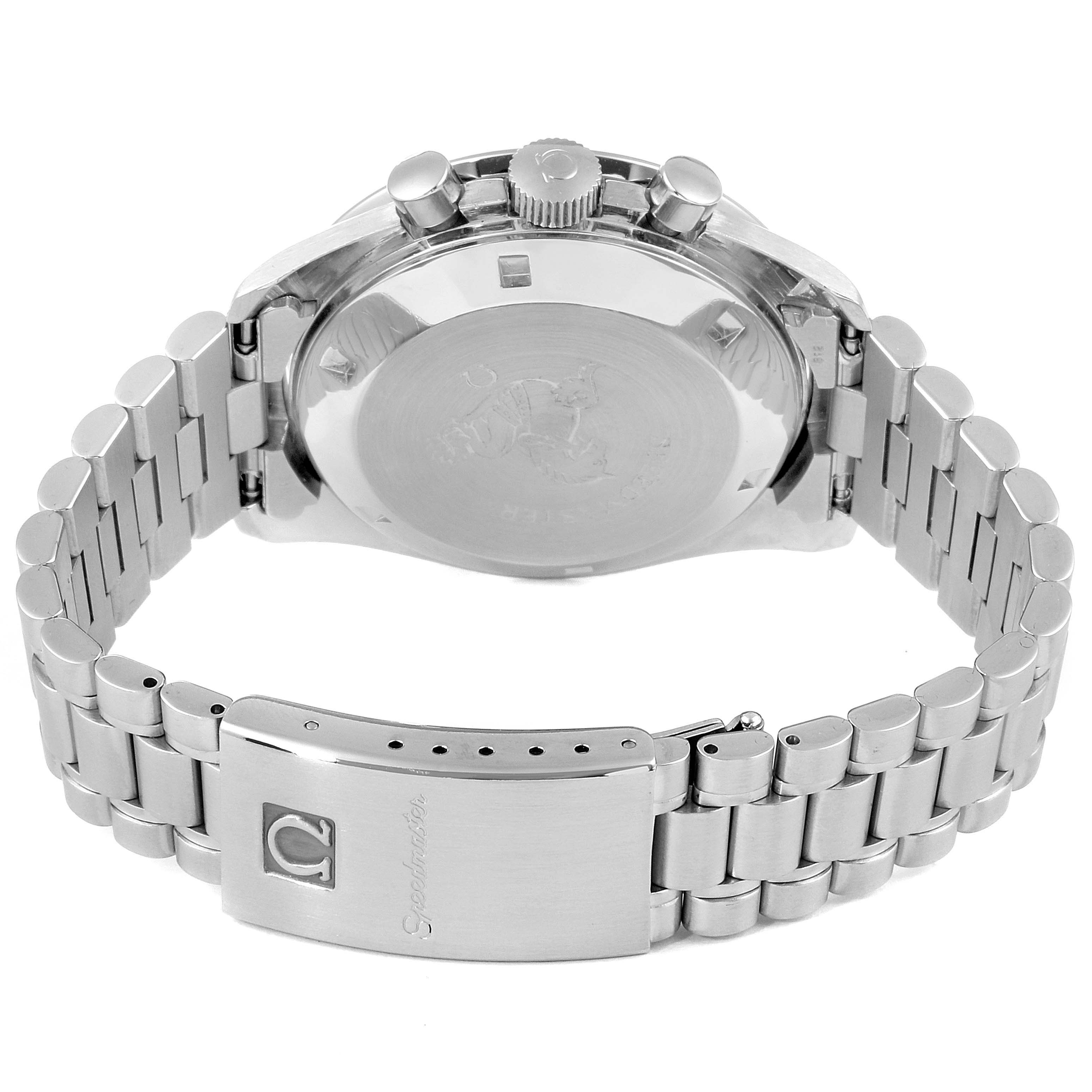 The image shows the back view of an Omega Speedmaster 145.022 Men's Stainless Steel Black Dial 145.022 Men's Stainless Steel Black Dial watch, including the stainless steel case, bracelet, and clasp.