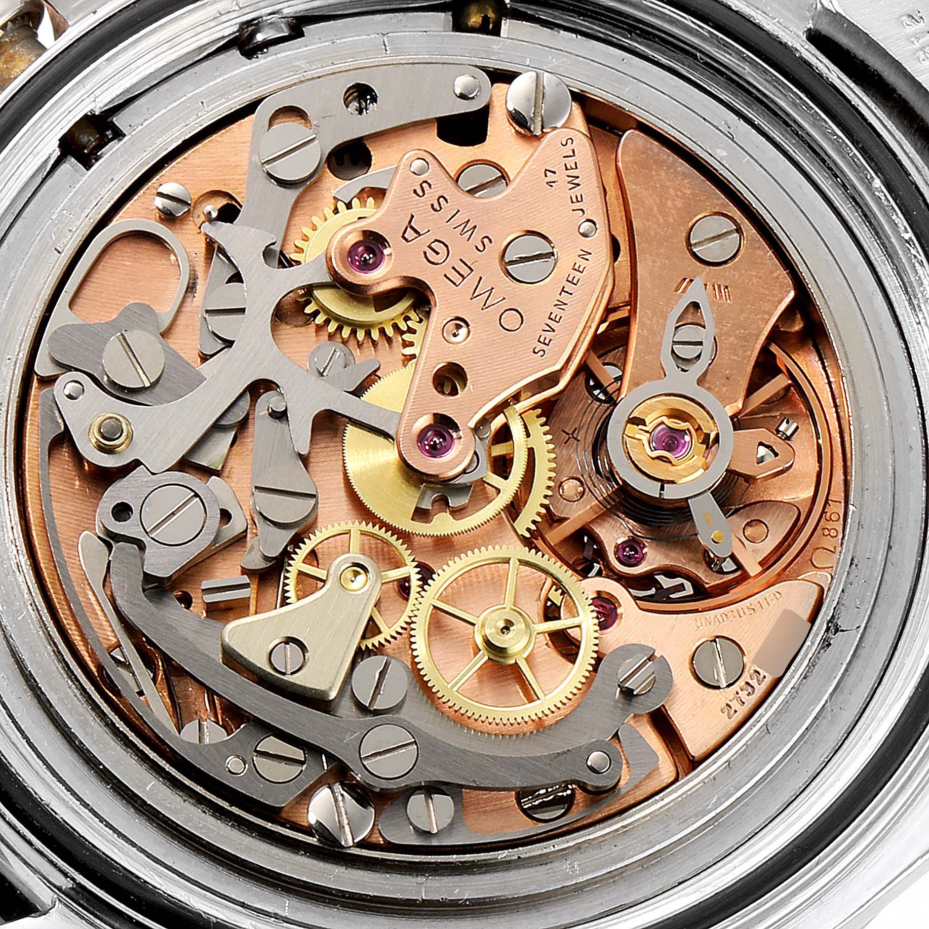 The image shows the intricate movement and mechanical components of an Omega Speedmaster 145.022 Men's Stainless Steel Black Dial 145.022 Men's Stainless Steel Black Dial watch from a back view.