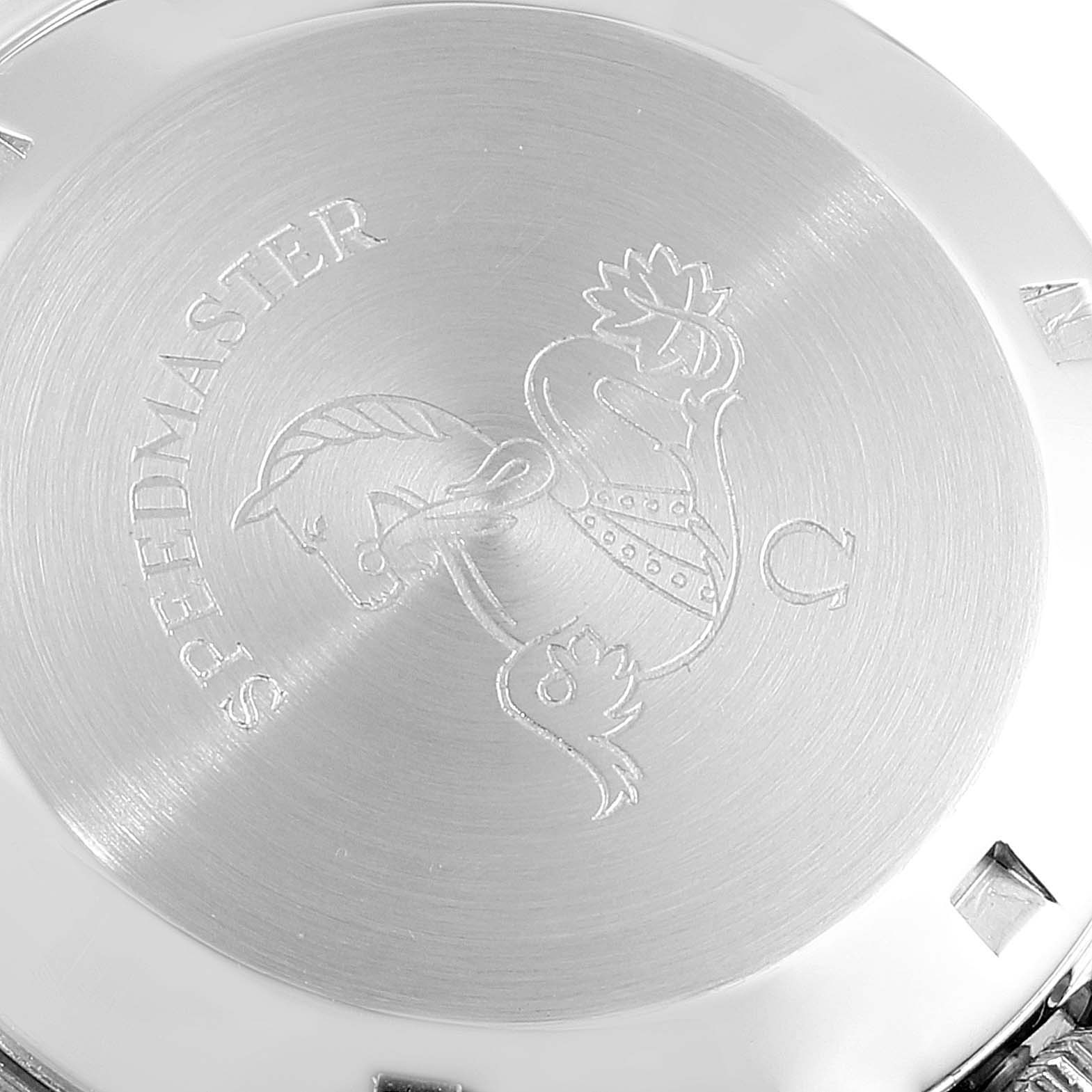 This image shows the engraved case back of an Omega Speedmaster 145.022 Men's Stainless Steel Black Dial 145.022 Men's Stainless Steel Black Dial watch.