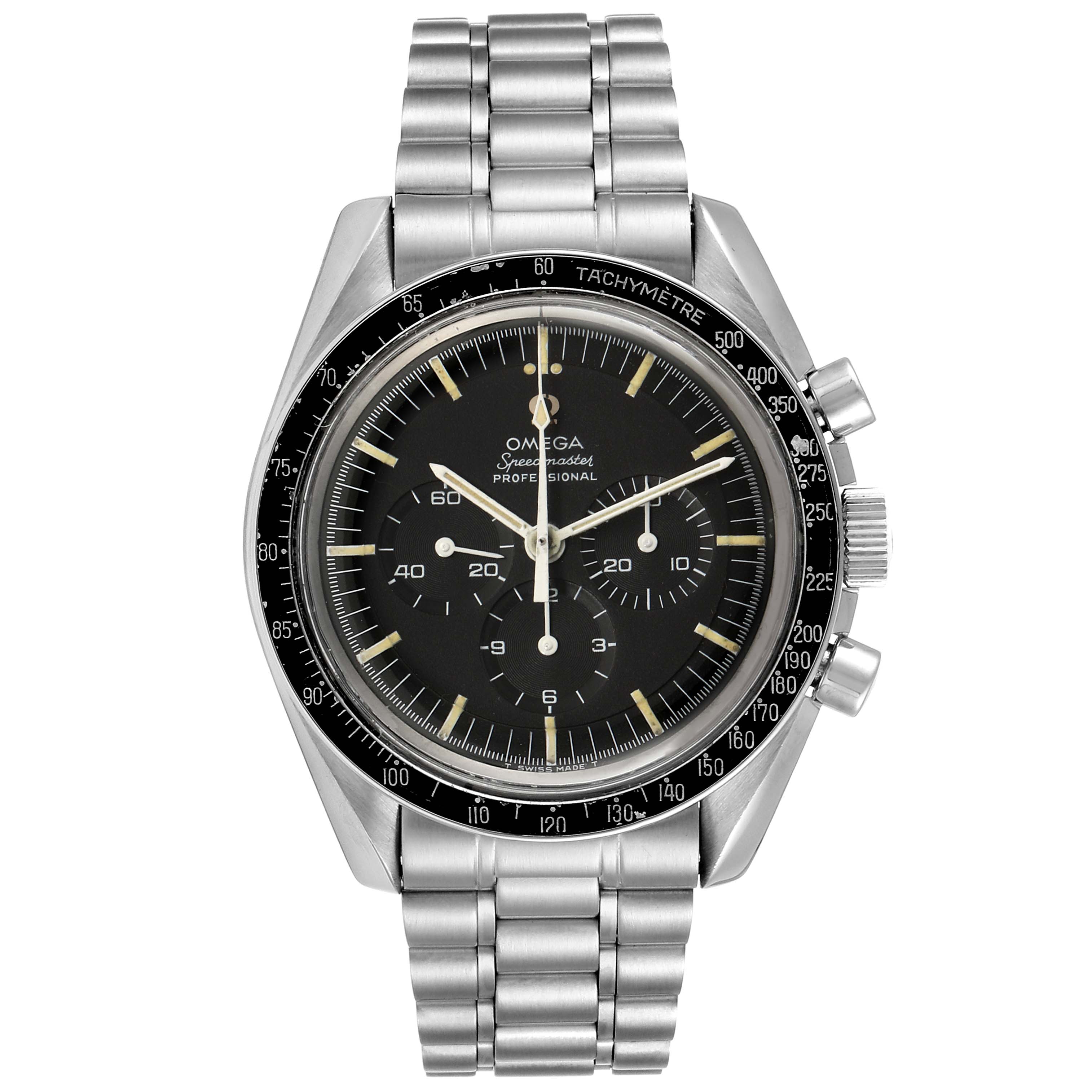 The Omega Speedmaster 145.022 Men's Stainless Steel Black Dial 145.022 Men's Stainless Steel Black Dial watch is shown from a front angle, highlighting its face, bezel, and bracelet.