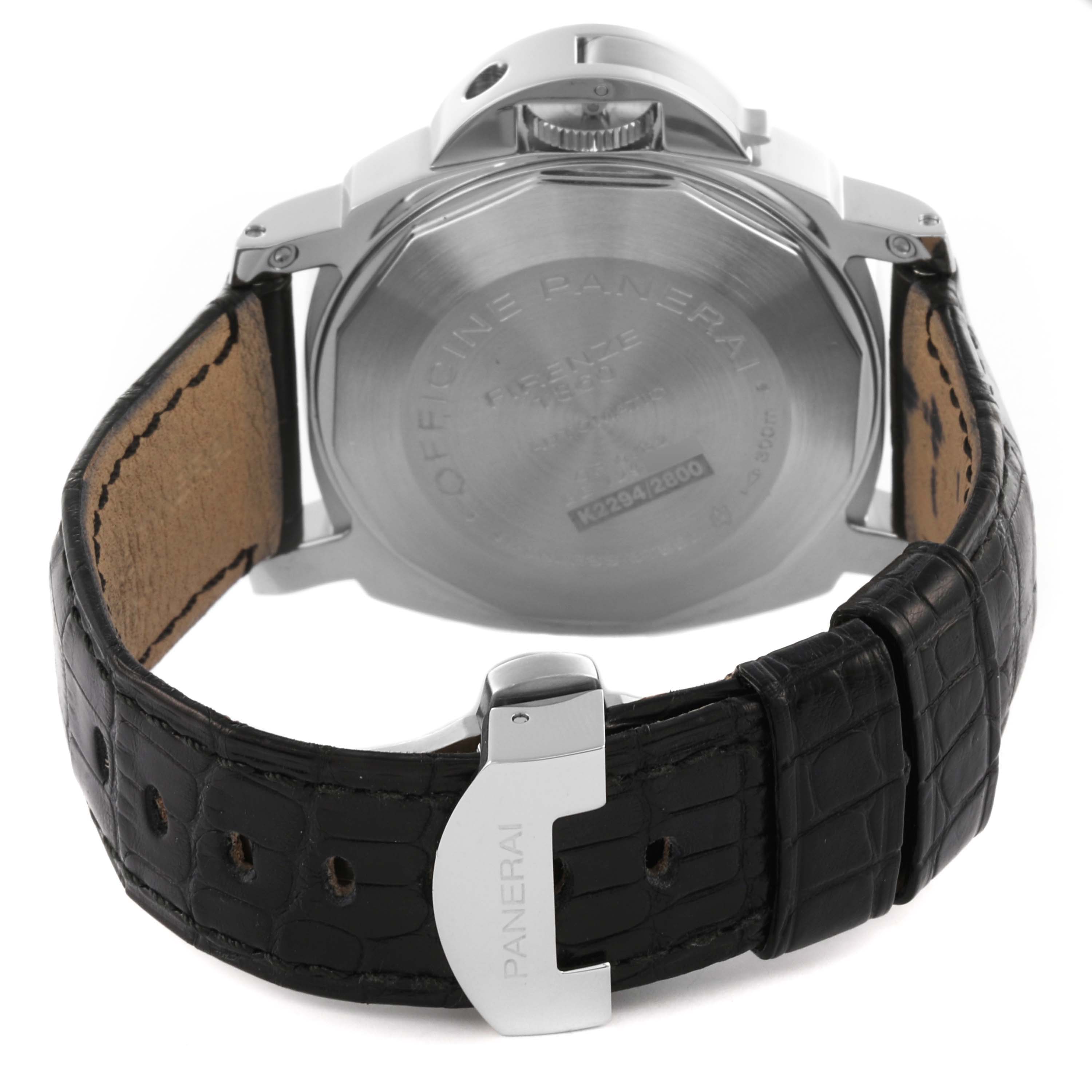 The image shows the back of the Panerai Luminor PAM00090 Men's Stainless Steel Black Dial PAM00090 Men's Stainless Steel Black Dial watch, highlighting the case back, crown guard, and leather strap with buckle.