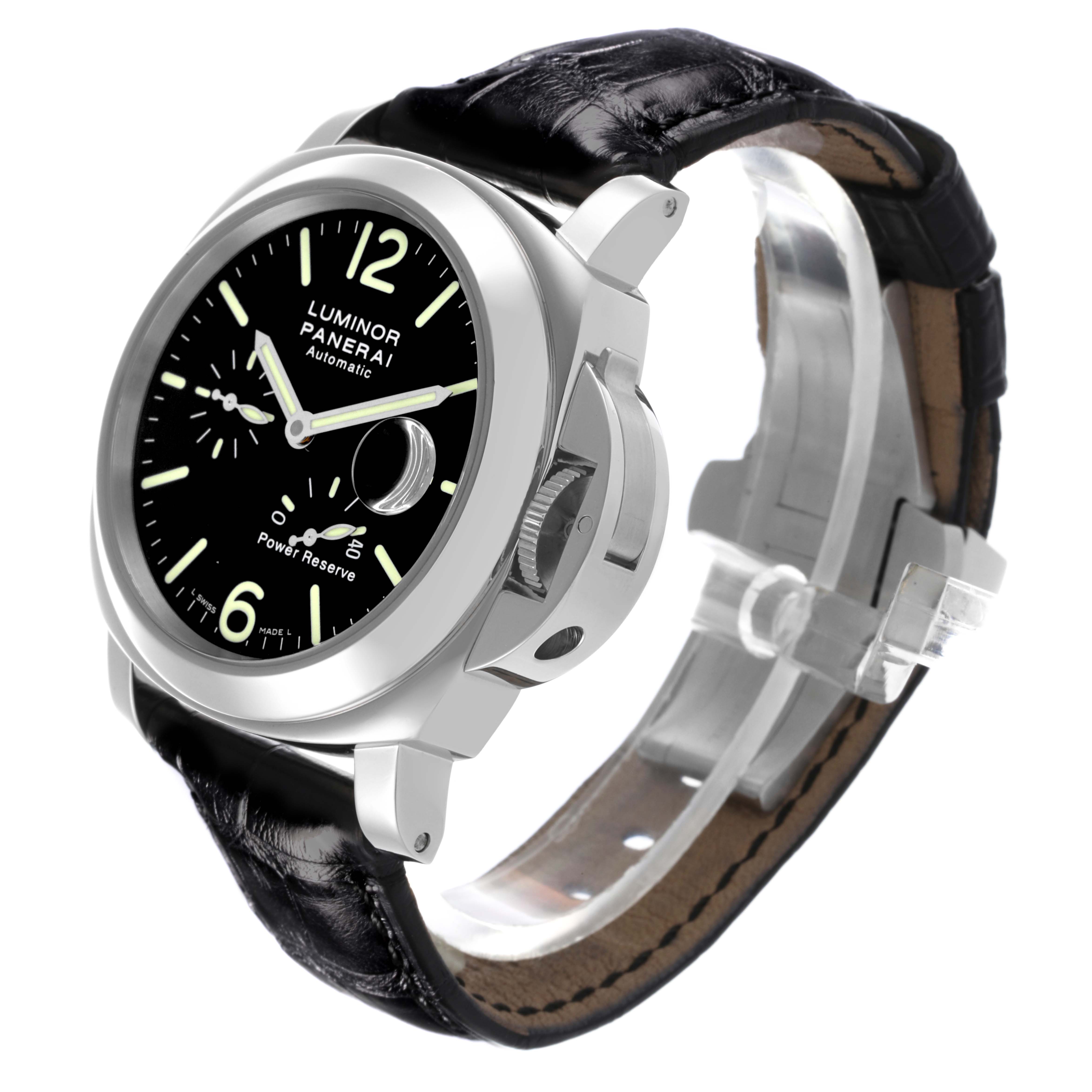 The Panerai Luminor PAM00090 Men's Stainless Steel Black Dial PAM00090 Men's Stainless Steel Black Dial watch is shown at a side angle, displaying the dial, crown guard, and leather strap.