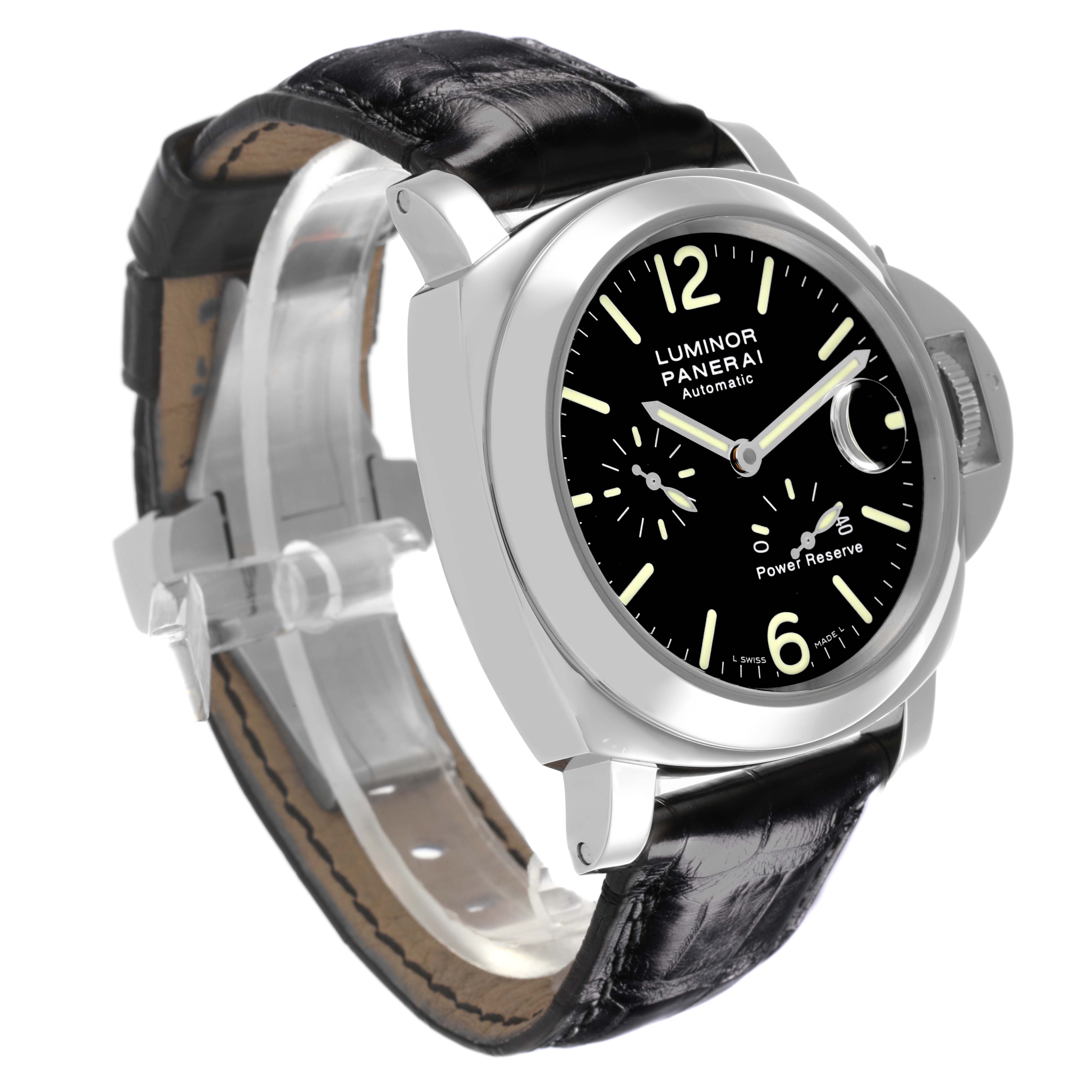 The Panerai Luminor PAM00090 Men's Stainless Steel Black Dial PAM00090 Men's Stainless Steel Black Dial watch is shown at an angled view highlighting the face, crown guard, and leather strap.