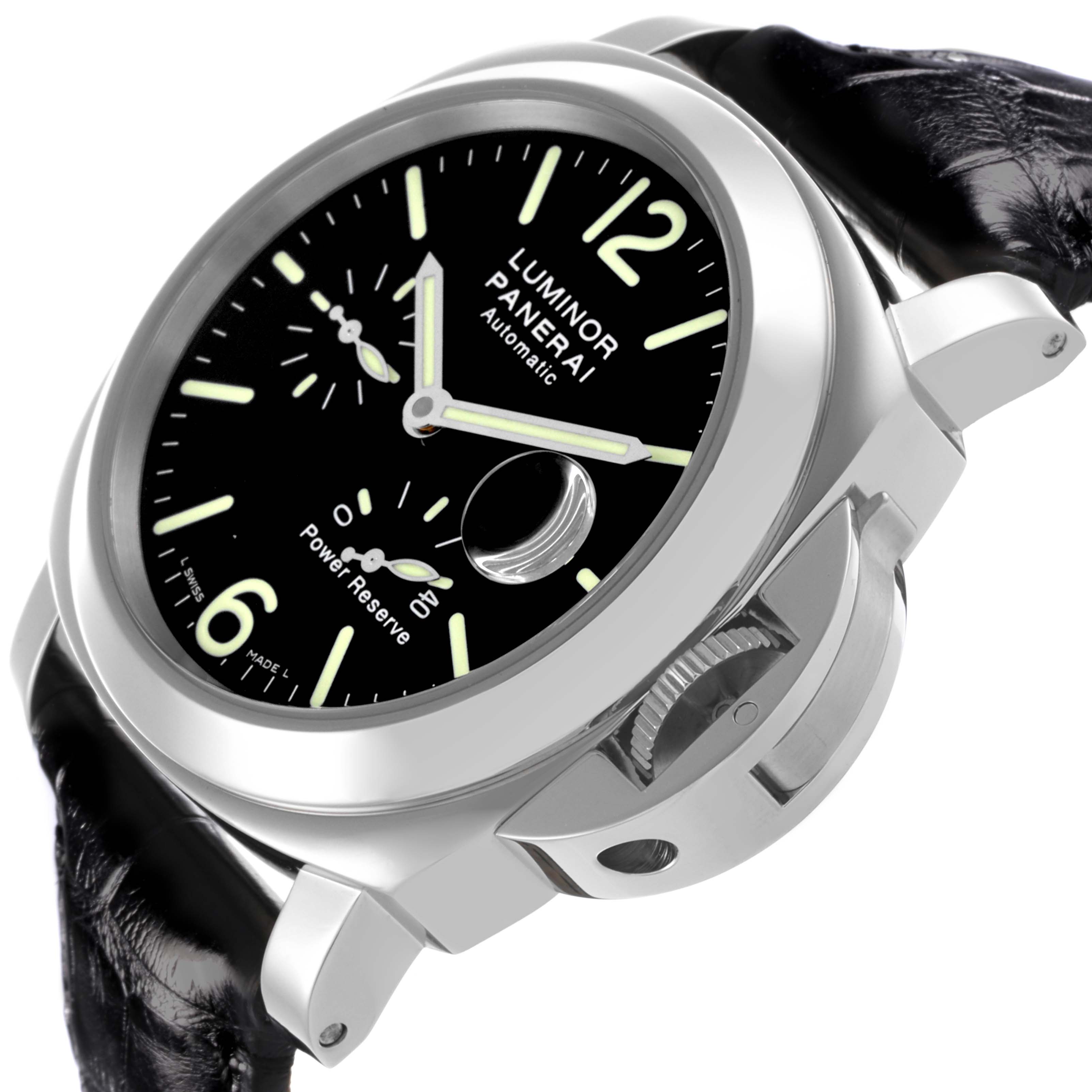 The image shows a front angled view of the Panerai Luminor PAM00090 Men's Stainless Steel Black Dial PAM00090 Men's Stainless Steel Black Dial Automatic, highlighting the dial, crown guard, and strap attachment.