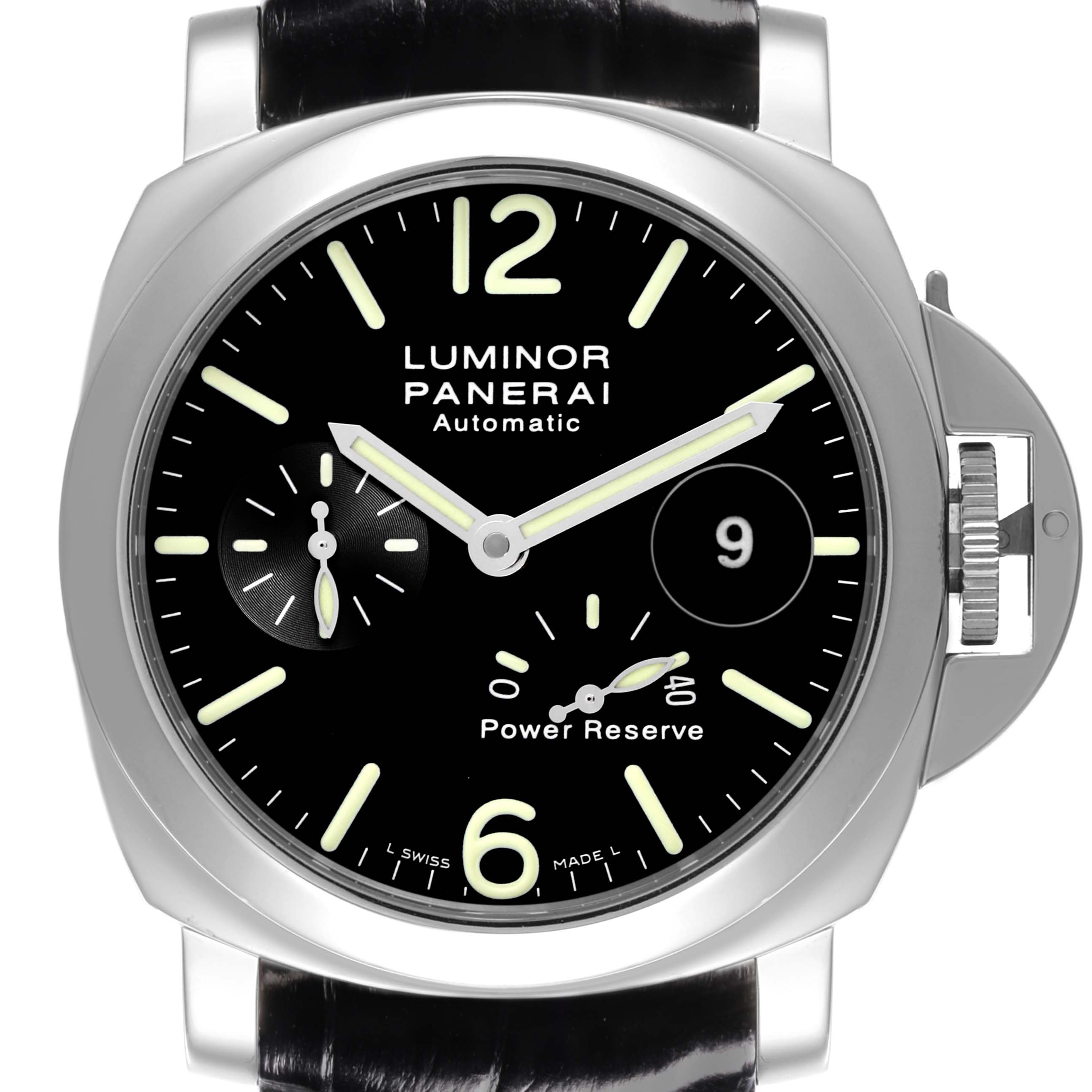 The Panerai Luminor PAM00090 Men's Stainless Steel Black Dial PAM00090 Men's Stainless Steel Black Dial watch is shown from a front angle, displaying the dial, hands, and crown guard.