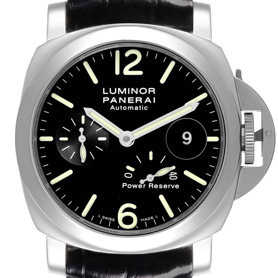 The Panerai Luminor watch is shown from a front angle, displaying the dial, hands, and crown guard.