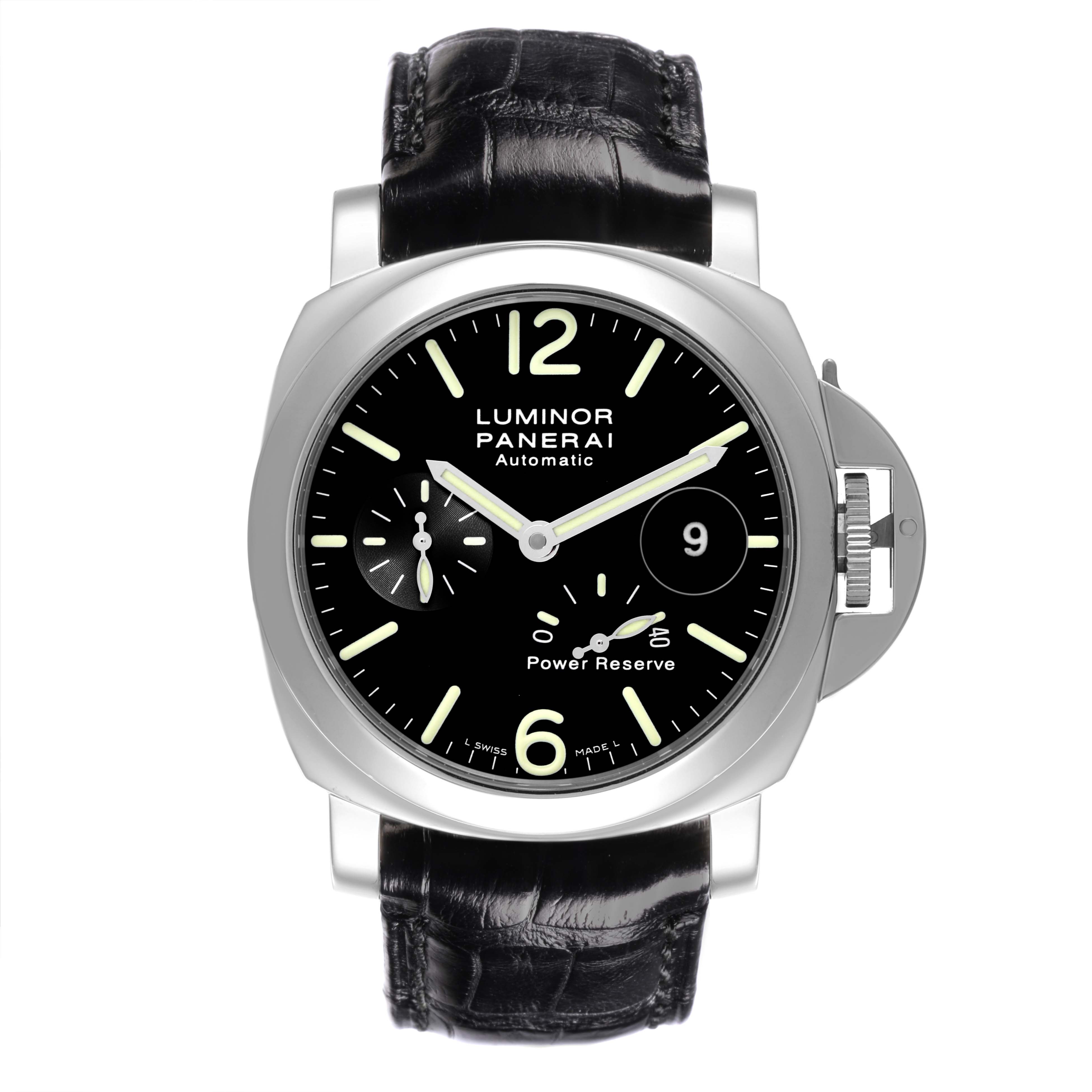 The Panerai Luminor PAM00090 Men's Stainless Steel Black Dial PAM00090 Men's Stainless Steel Black Dial watch is shown from a front angle, highlighting the dial, crown guard, and black leather strap.