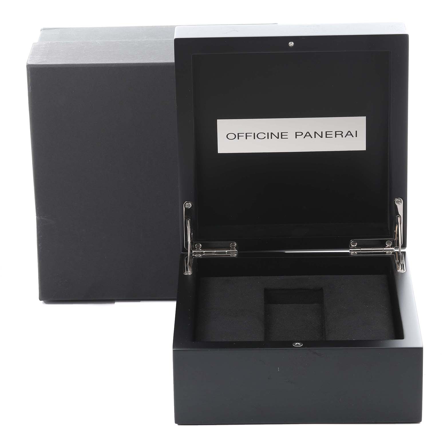 The image shows an open Panerai Luminor PAM00530 Men's Titanium Black Dial PAM00530 Men's Titanium Black Dial watch box from a front angle, highlighting its interior compartments.