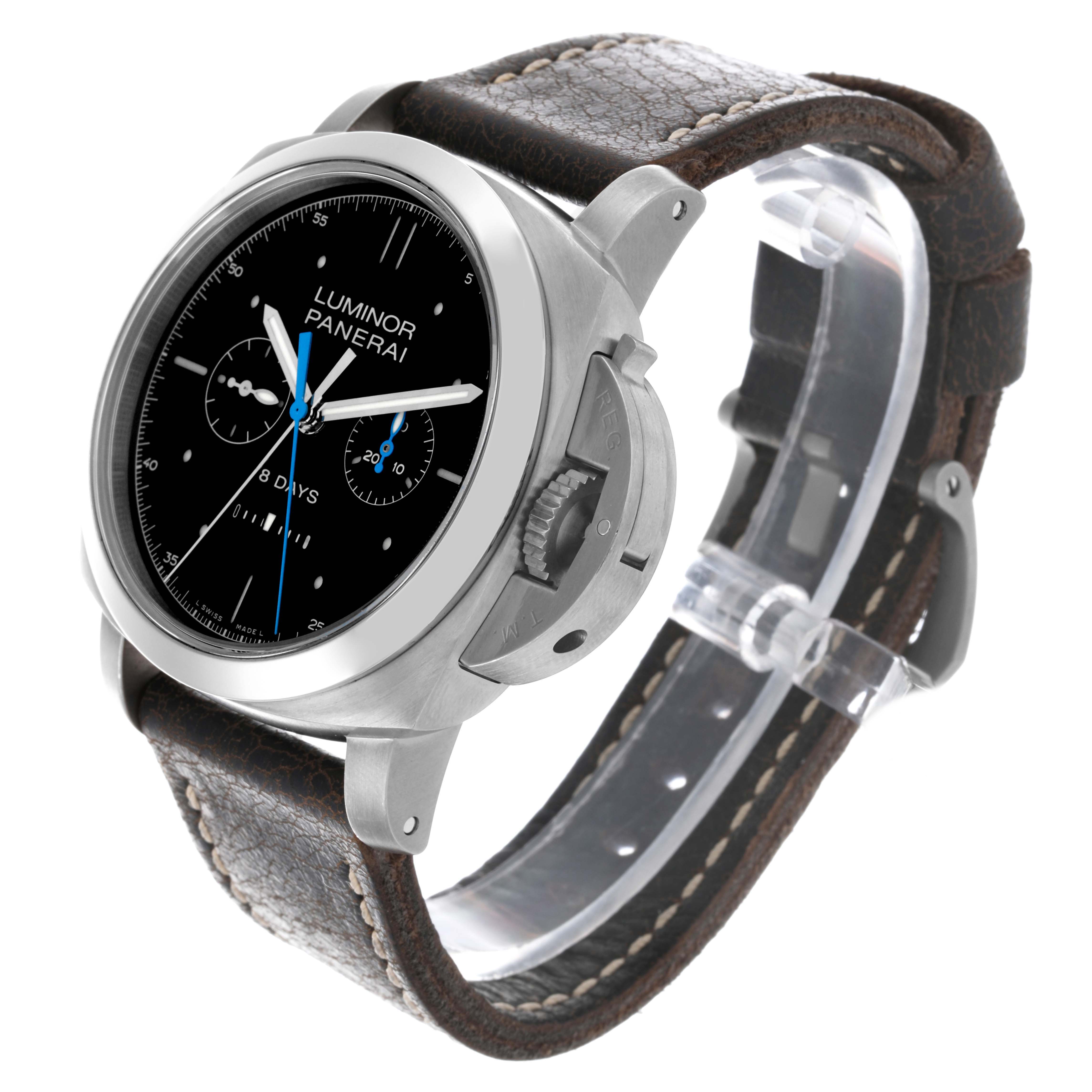 The Panerai Luminor PAM00530 Men's Titanium Black Dial PAM00530 Men's Titanium Black Dial watch is shown at a front-side angle, highlighting the dial, crown guard, and leather strap.