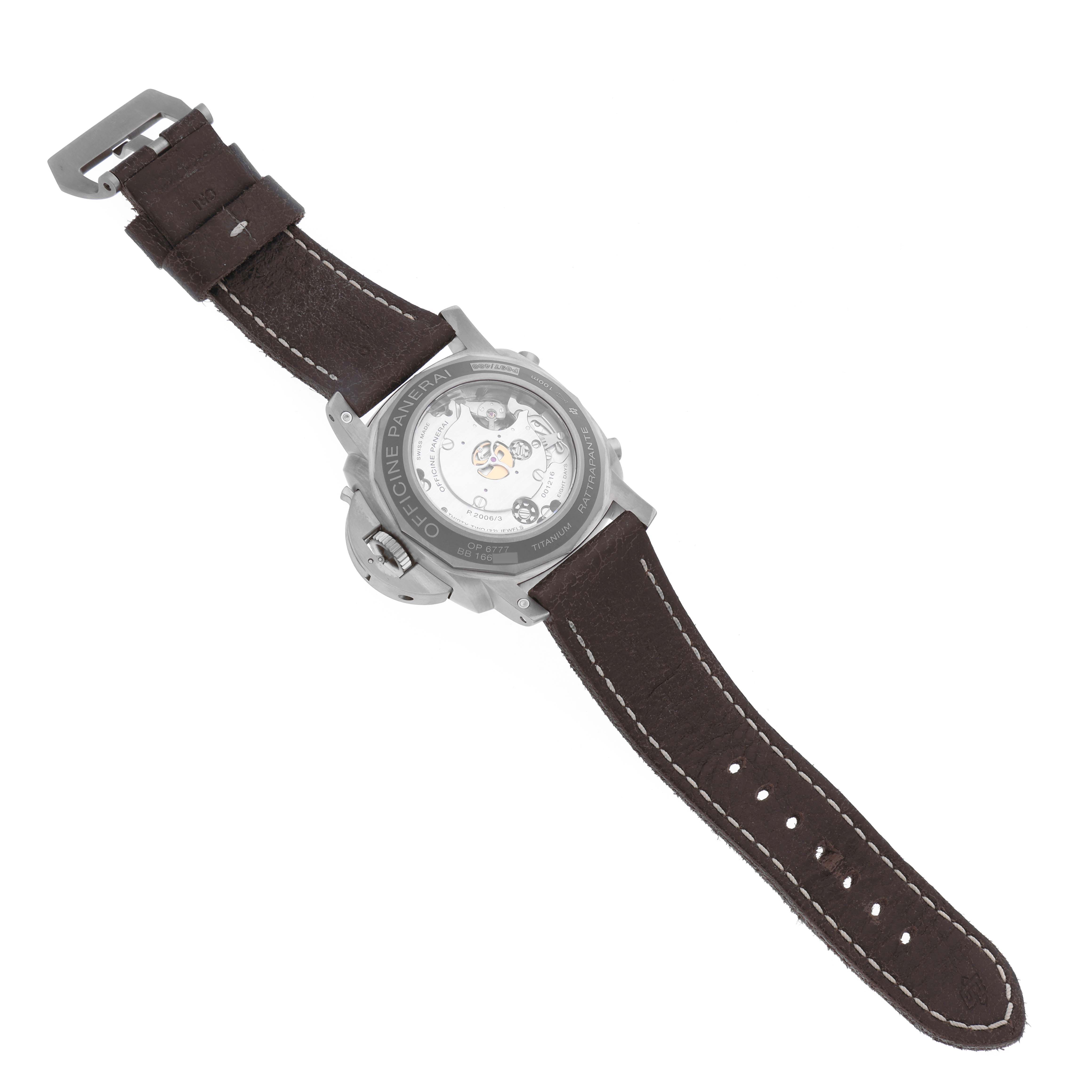 The image shows the back of the Panerai Luminor PAM00530 Men's Titanium Black Dial PAM00530 Men's Titanium Black Dial watch, highlighting the transparent case back and leather strap.