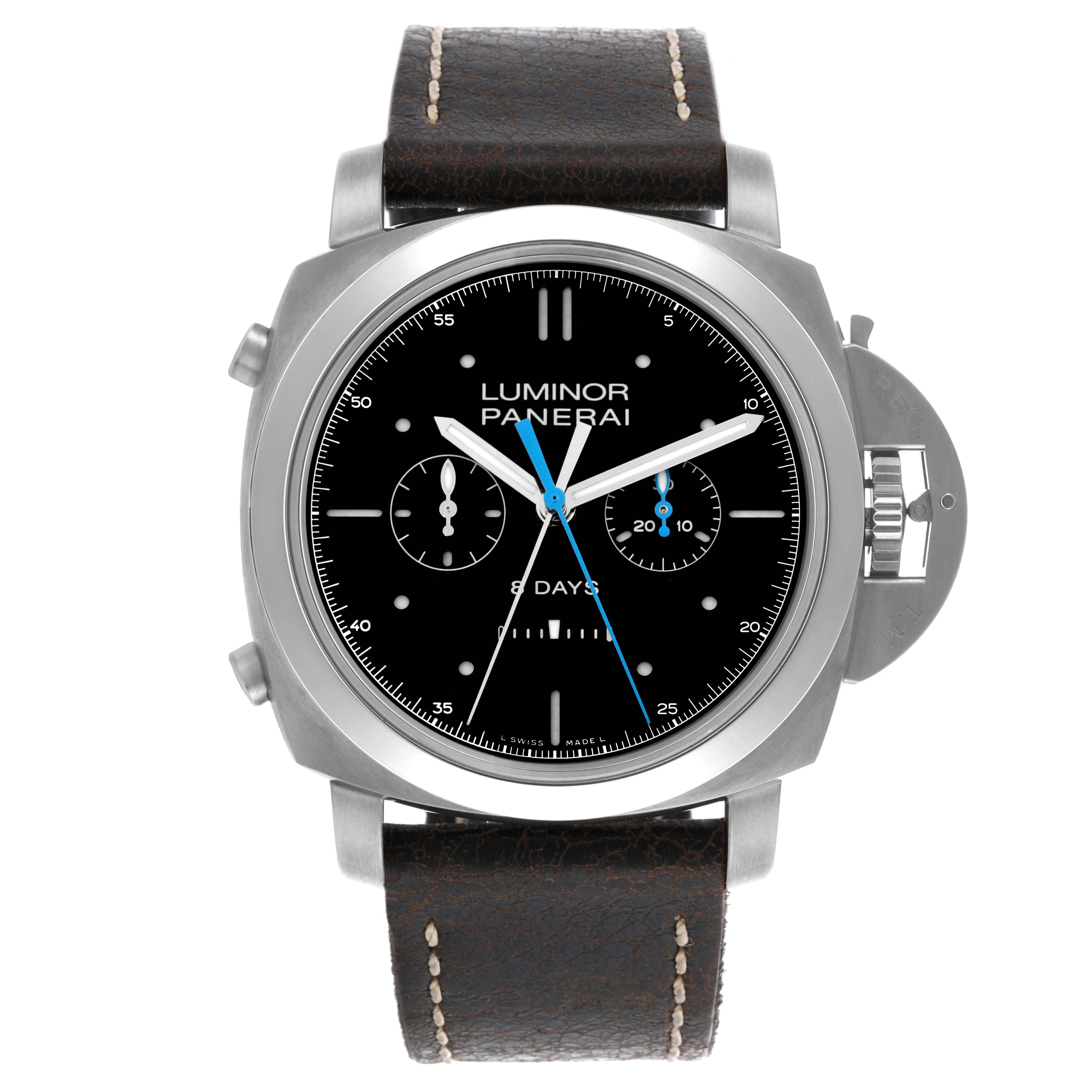 The Panerai Luminor PAM00530 Men's Titanium Black Dial PAM00530 Men's Titanium Black Dial watch is shown from the front, displaying the dial, case, and strap.