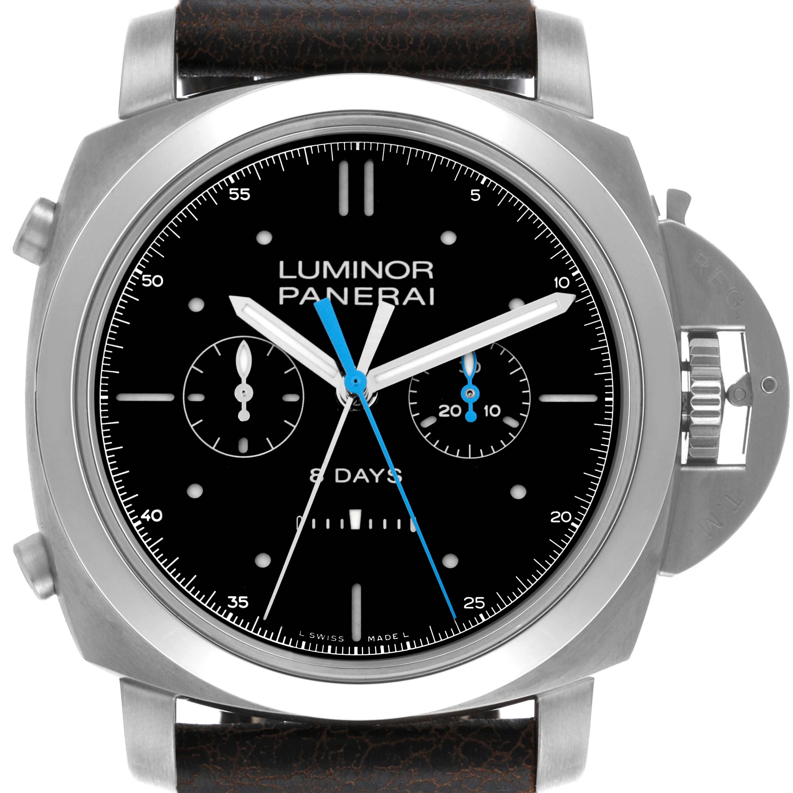 The Panerai Luminor PAM00530 Men's Titanium Black Dial PAM00530 Men's Titanium Black Dial model is shown from a front angle, displaying the dial, case, crown guard, and strap attachment.