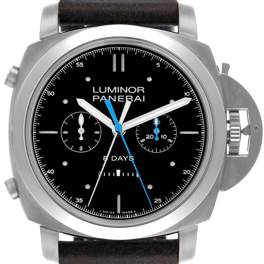 The Panerai Luminor model is shown from a front angle, displaying the dial, case, crown guard, and strap attachment.