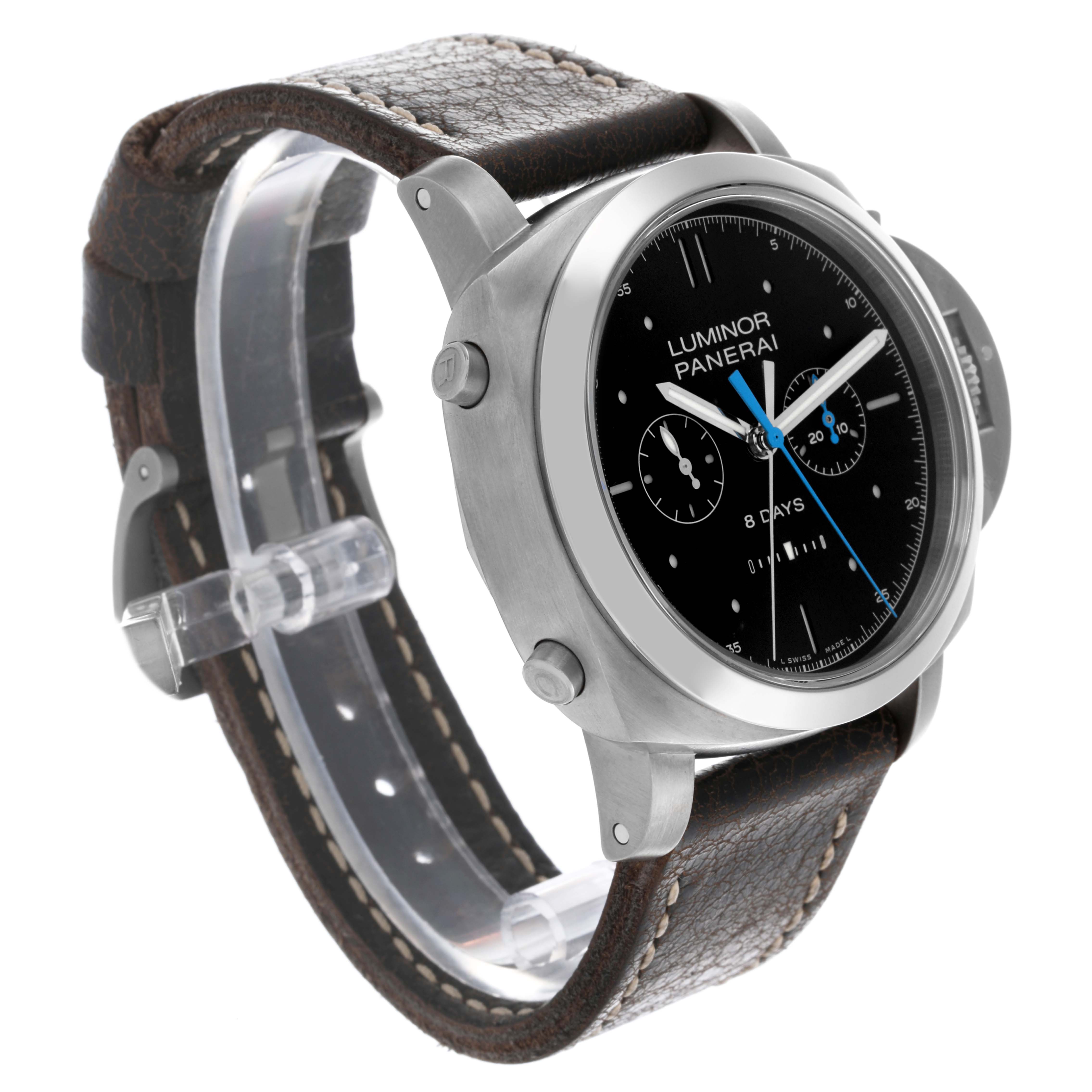 The Panerai Luminor PAM00530 Men's Titanium Black Dial PAM00530 Men's Titanium Black Dial model is shown at an angled view highlighting the watch face, case, and leather strap.