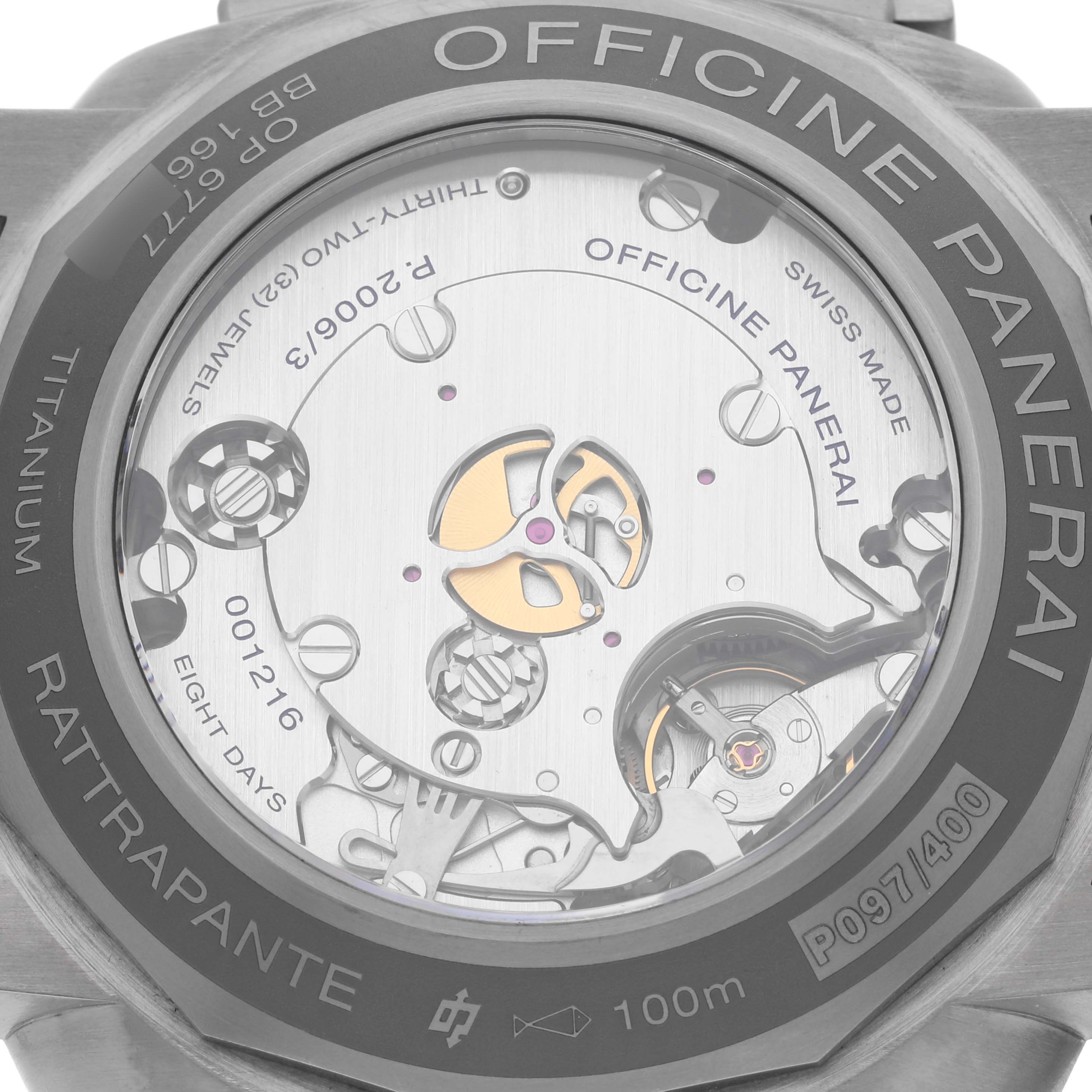 This image shows the back of the Panerai Luminor PAM00530 Men's Titanium Black Dial PAM00530 Men's Titanium Black Dial, displaying its intricate movement and branding details.