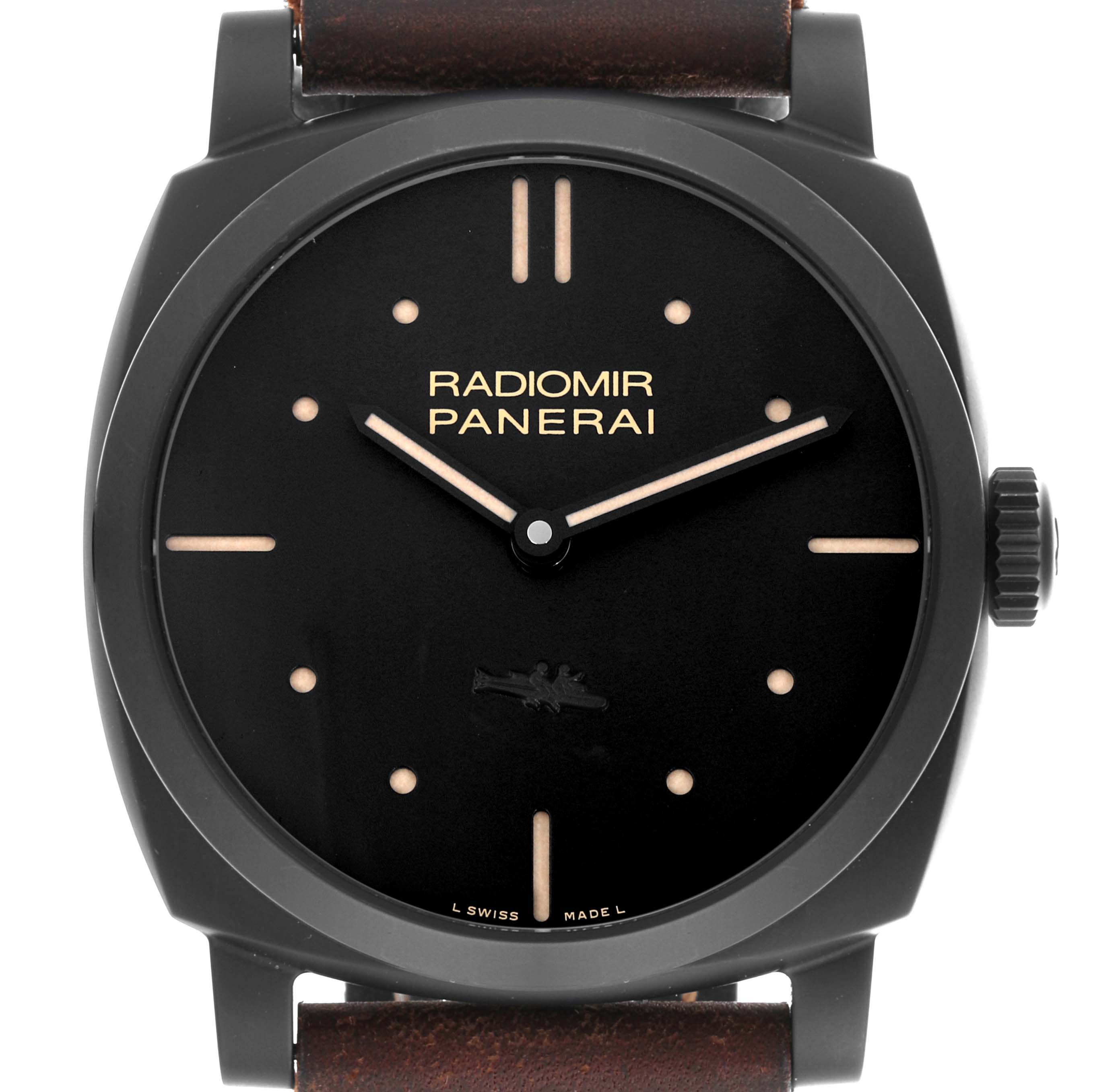 The image shows a frontal view of the Panerai Radiomir PAM00577 Men
s Ceramic Black Dial PAM00577 Men
s Ceramic Black Dial watch, highlighting its dial, hands, and casing.
