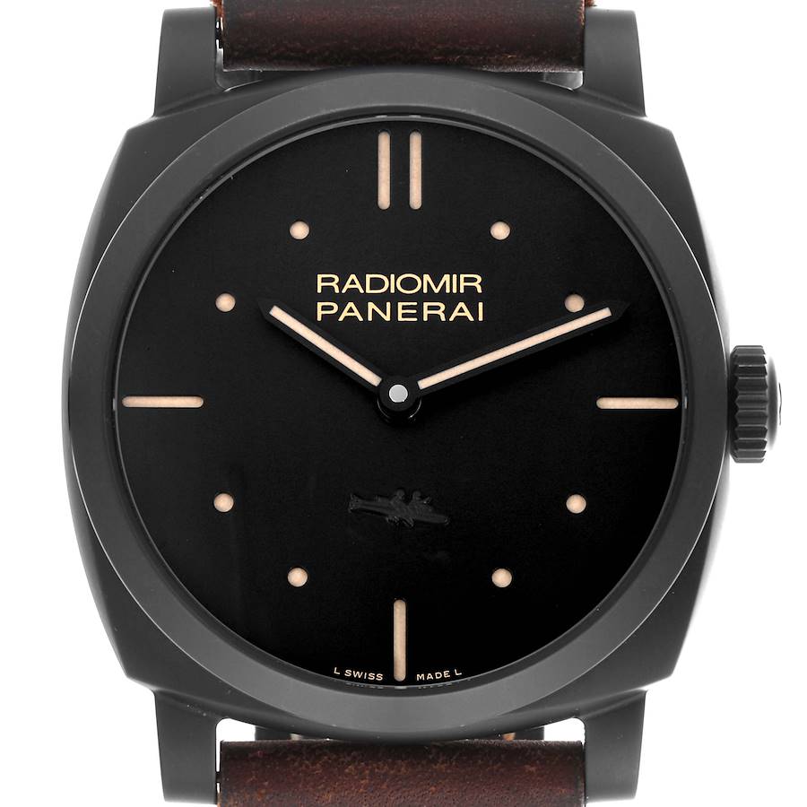 The image shows a frontal view of the Panerai Radiomir watch, highlighting its dial, hands, and casing.