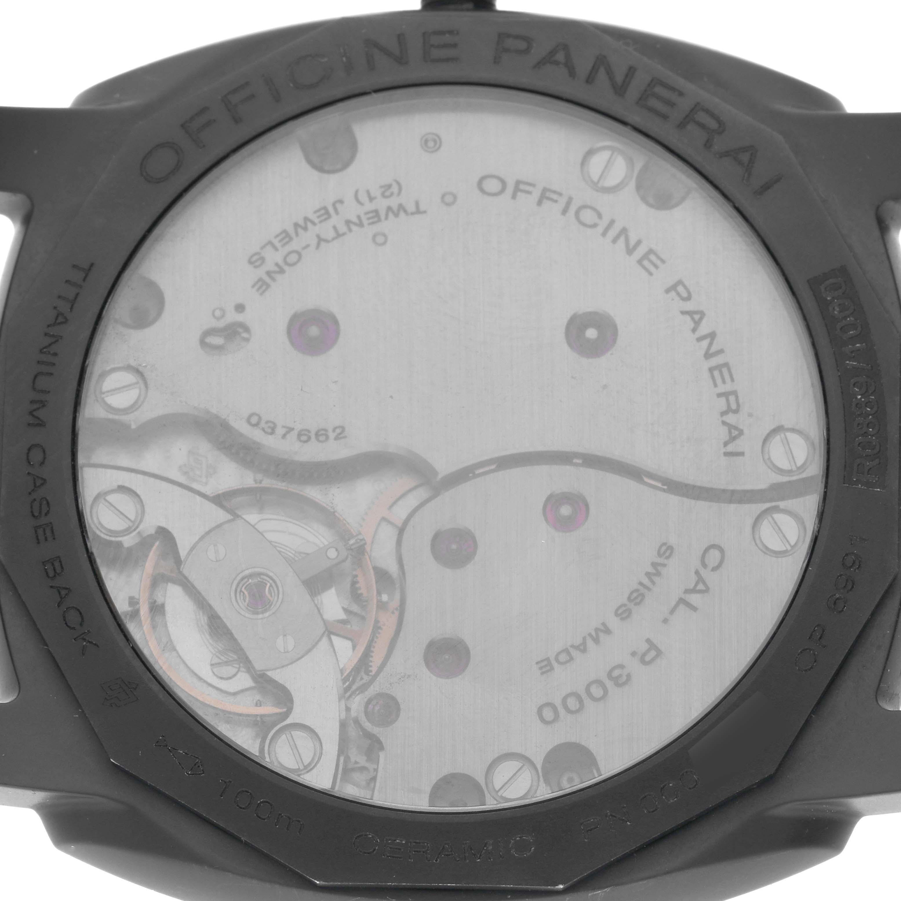The image shows the back of a Panerai Radiomir PAM00577 Men
s Ceramic Black Dial PAM00577 Men
s Ceramic Black Dial watch, revealing the inner mechanical movement through a transparent case.