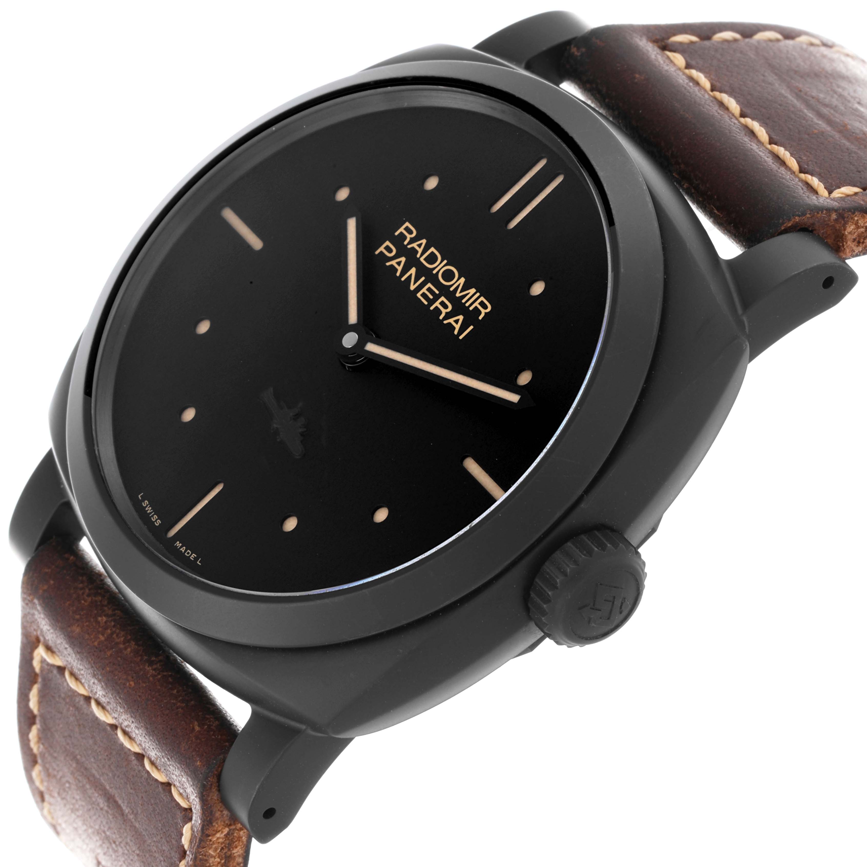 The Panerai Radiomir PAM00577 Men
s Ceramic Black Dial PAM00577 Men
s Ceramic Black Dial watch is shown at an angled side view, highlighting its dial, crown, and leather strap.