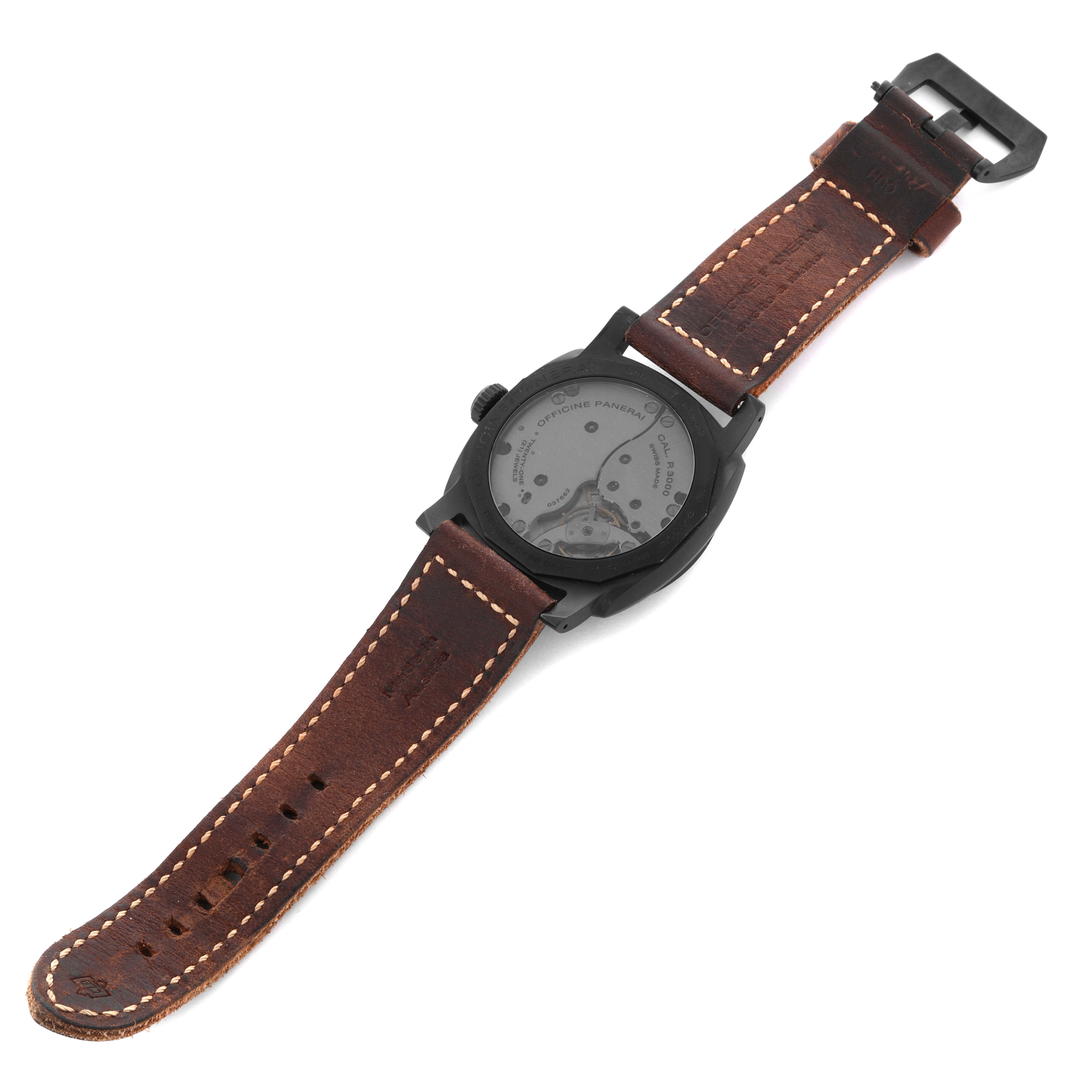 The Panerai Radiomir PAM00577 Men
s Ceramic Black Dial PAM00577 Men
s Ceramic Black Dial watch is shown from the back, displaying the leather strap and transparent case back.