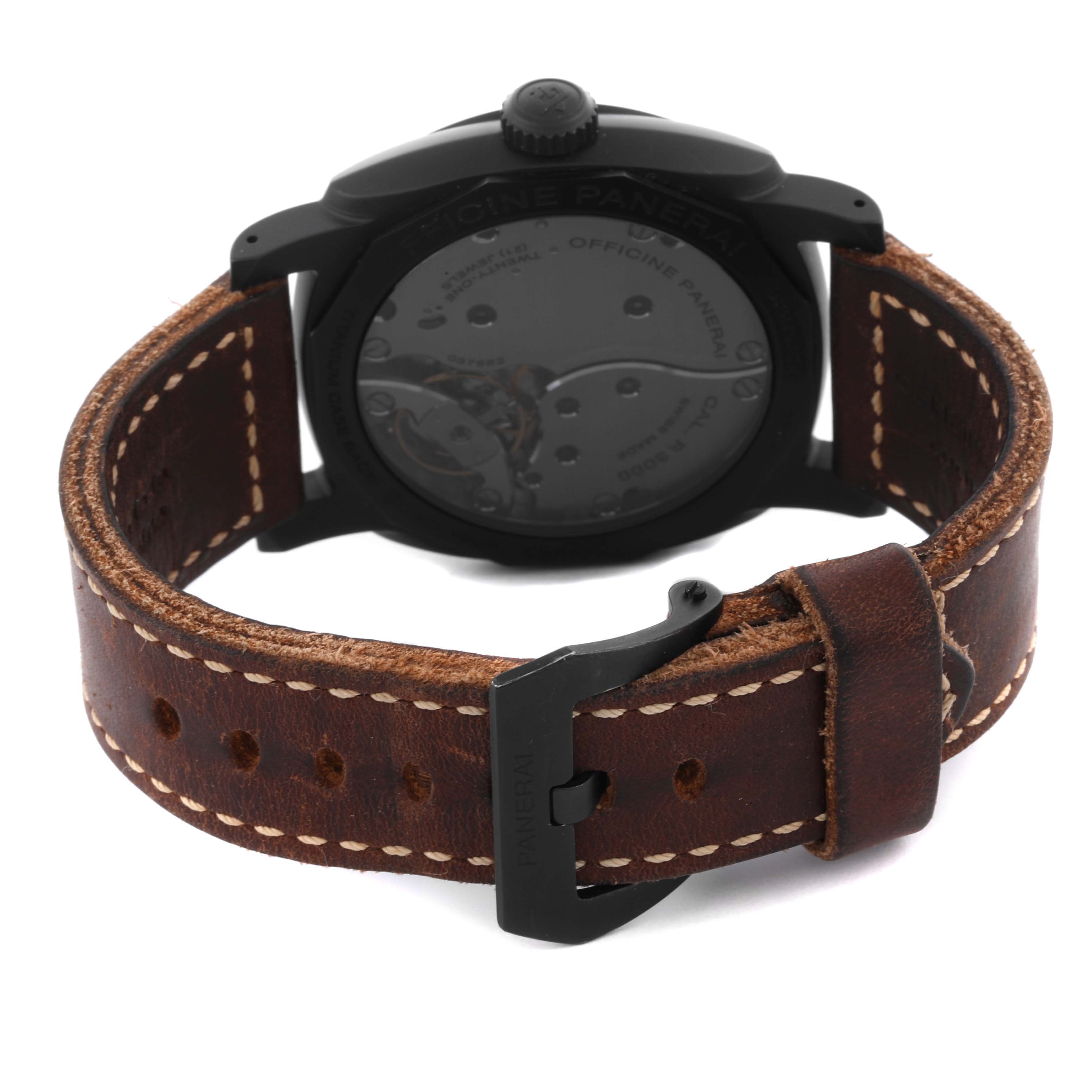 The image shows the back view of a Panerai Radiomir PAM00577 Men
s Ceramic Black Dial PAM00577 Men
s Ceramic Black Dial watch, focusing on the case back and leather strap.