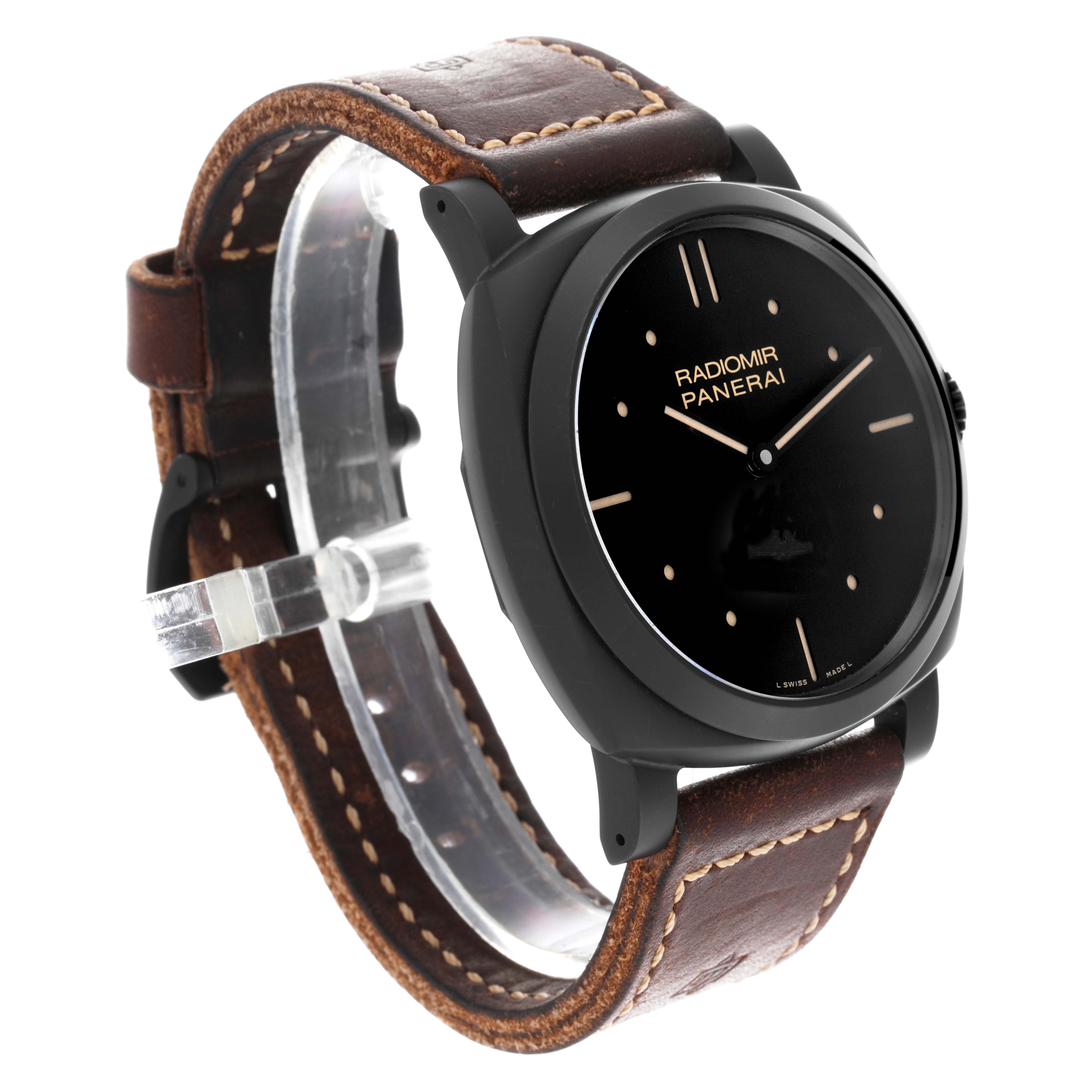 The Panerai Radiomir PAM00577 Men
s Ceramic Black Dial PAM00577 Men
s Ceramic Black Dial watch is shown at a slight angle, highlighting its black dial, brown leather strap, and minimalist design.