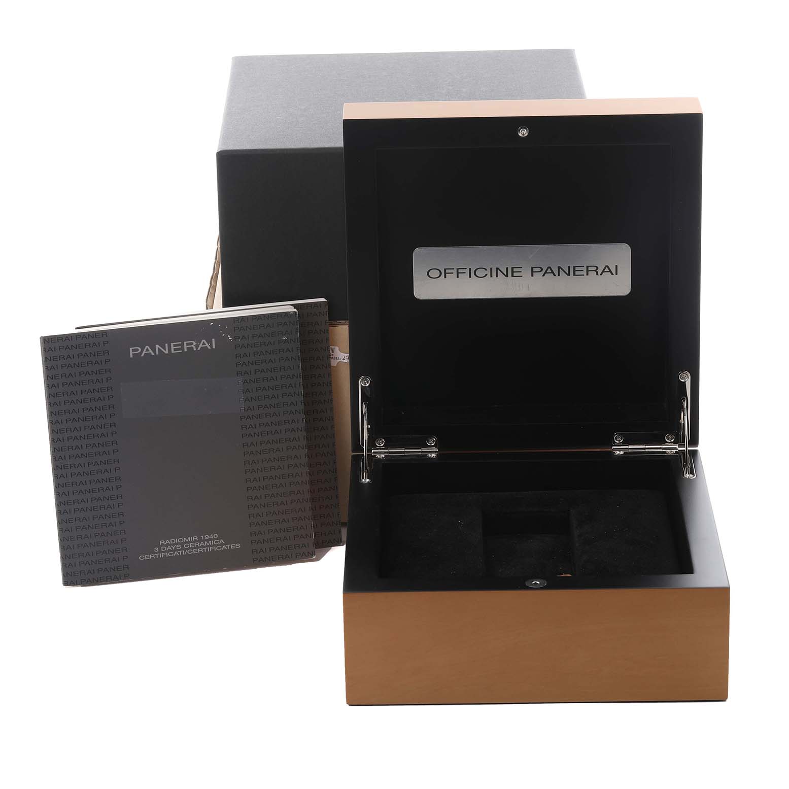 The image shows an open Panerai Radiomir PAM00577 Men
s Ceramic Black Dial PAM00577 Men
s Ceramic Black Dial watch box with accompanying documentation from a front angle.