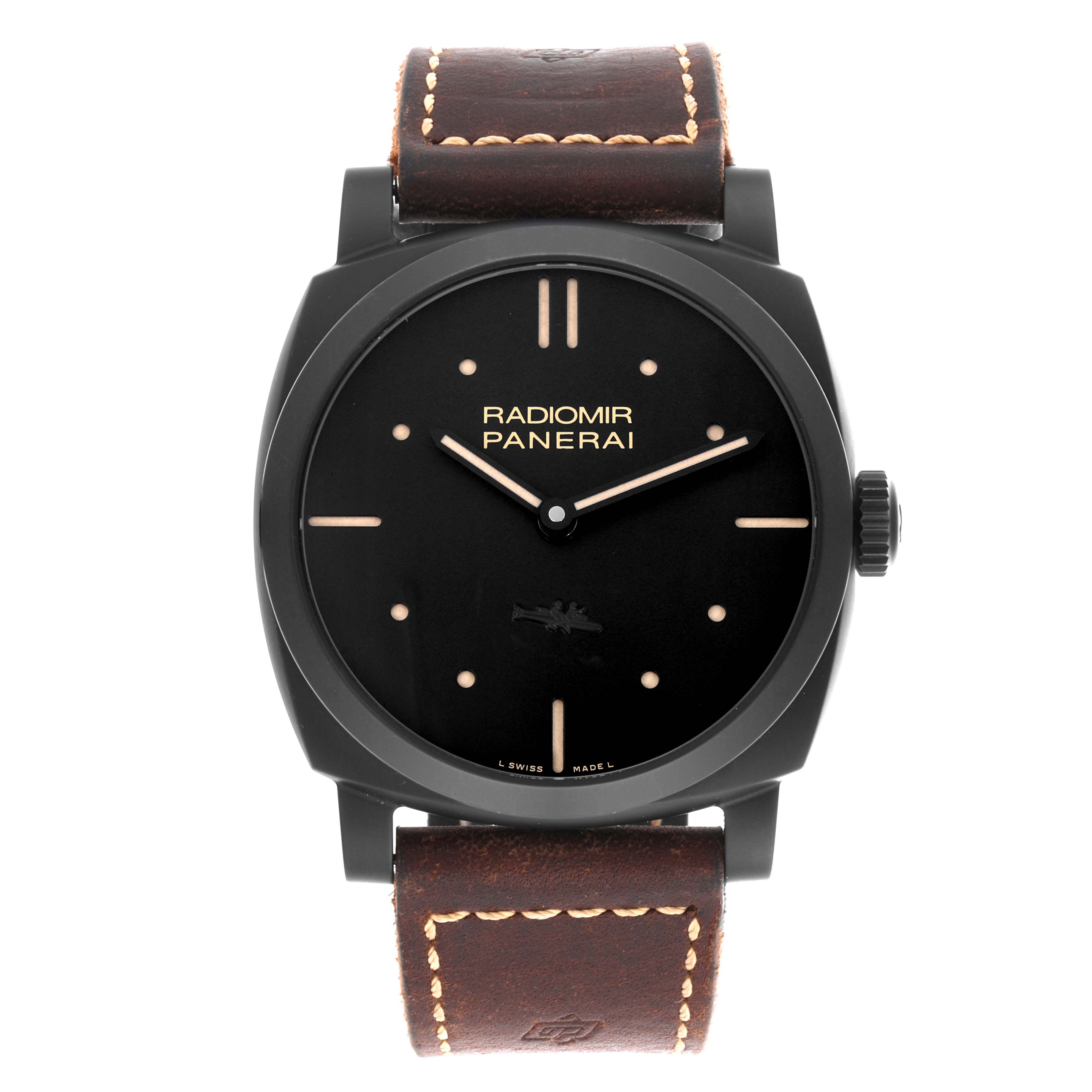 The image shows a frontal view of the Panerai Radiomir PAM00577 Men
s Ceramic Black Dial PAM00577 Men
s Ceramic Black Dial watch, highlighting the dial, case, and leather strap.