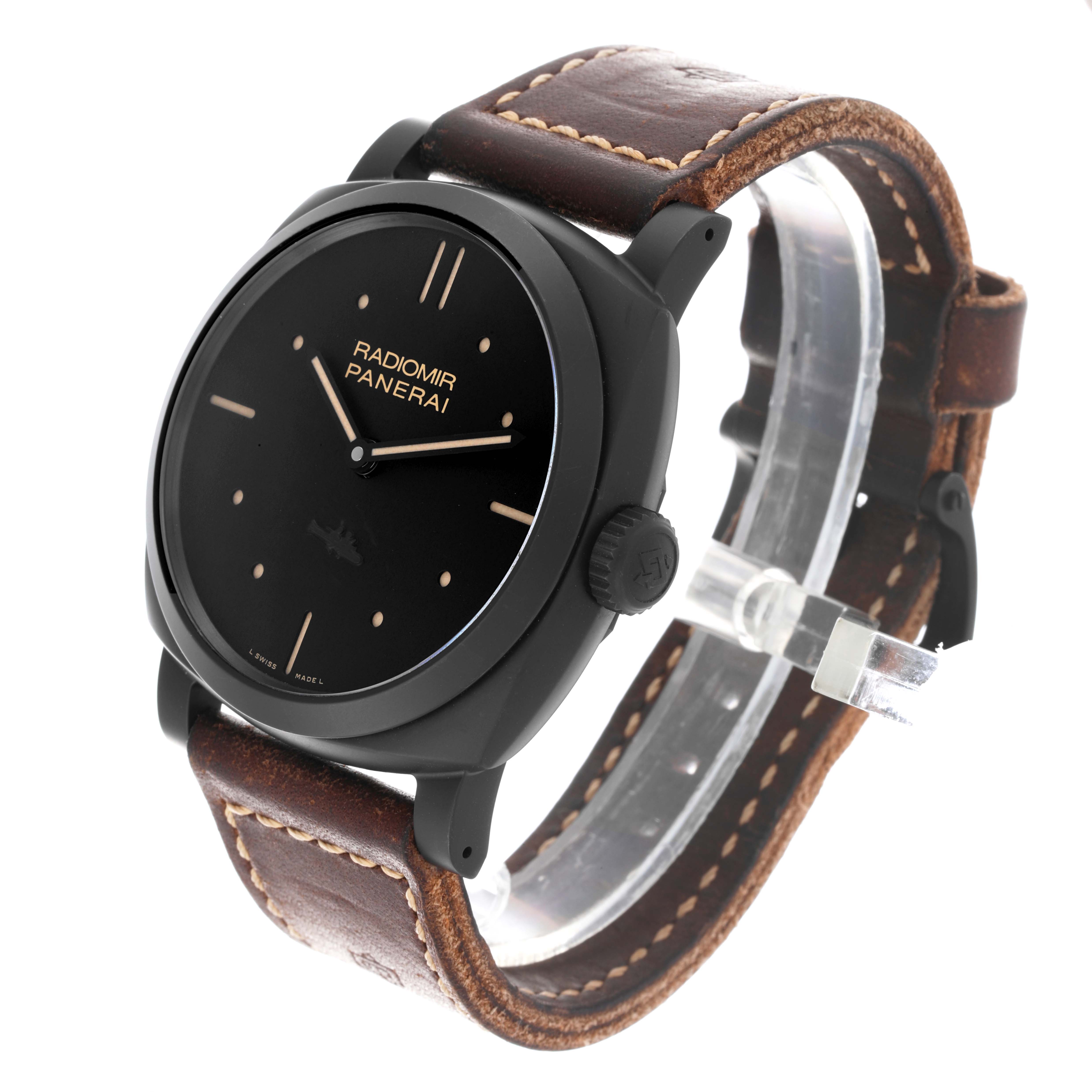The Panerai Radiomir PAM00577 Men
s Ceramic Black Dial PAM00577 Men
s Ceramic Black Dial watch is shown at an angled side view featuring its face, case, crown, and leather strap.