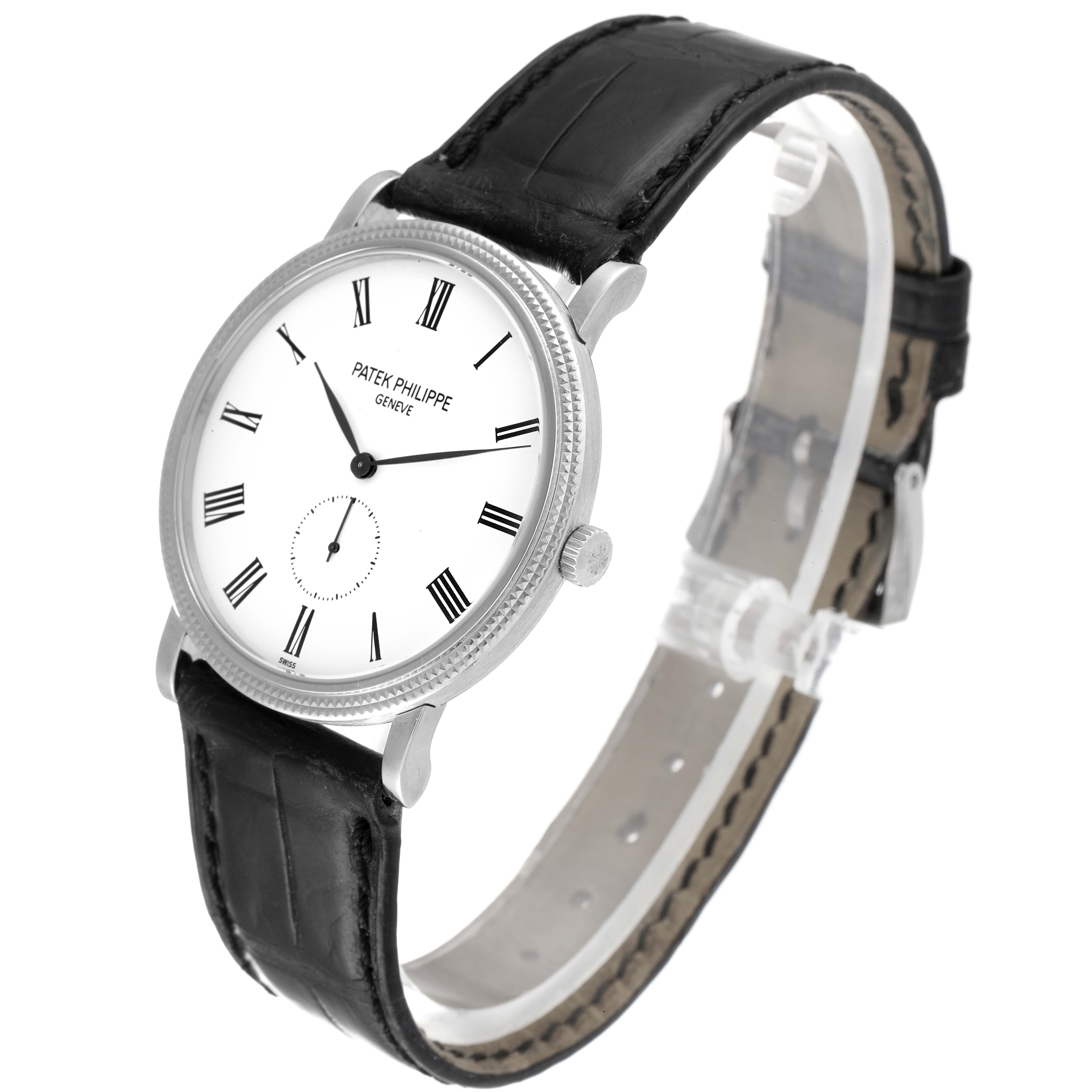 The image shows a Patek Philippe Calatrava 5119G Men's White Gold White Dial 5119G Men's White Gold White Dial watch, angled to display its face, bezel, crown, and leather strap.