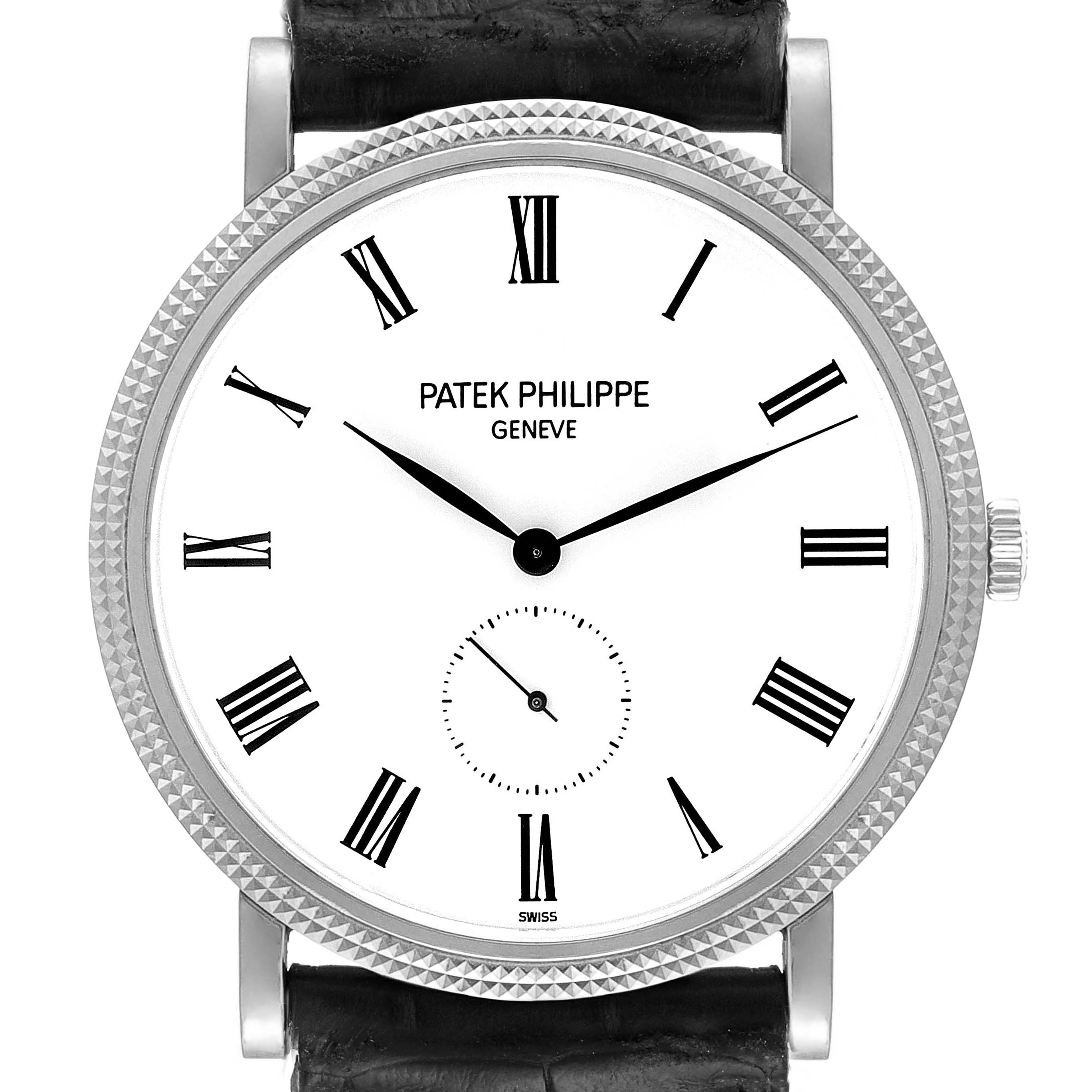The image shows a close-up of the Patek Philippe Calatrava 5119G Men's White Gold White Dial 5119G Men's White Gold White Dial watch, focusing on its face, bezel, and crown at a frontal angle.