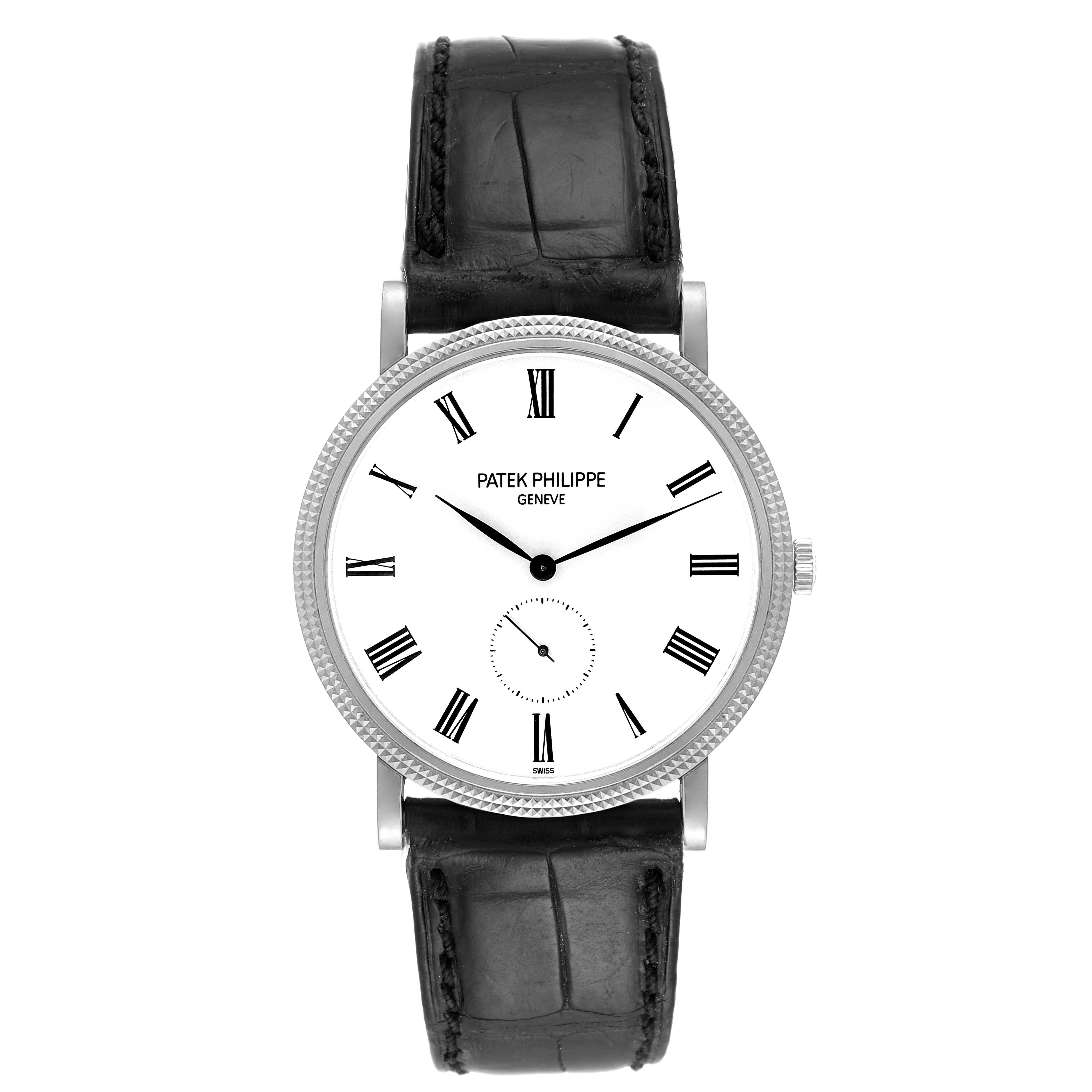 This image displays a front view of a Patek Philippe Calatrava 5119G Men's White Gold White Dial 5119G Men's White Gold White Dial watch with a white dial and black leather strap.