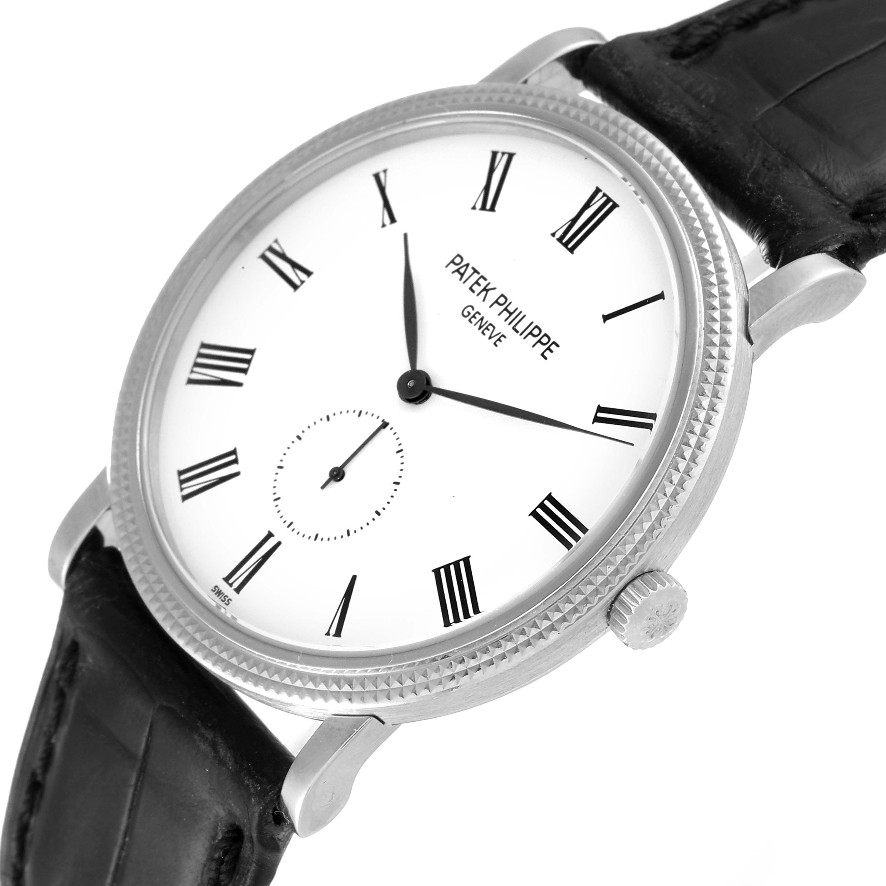 This image shows the Patek Philippe Calatrava 5119G Men's White Gold White Dial 5119G Men's White Gold White Dial watch at a slight angle, highlighting the face, bezel, and leather strap.