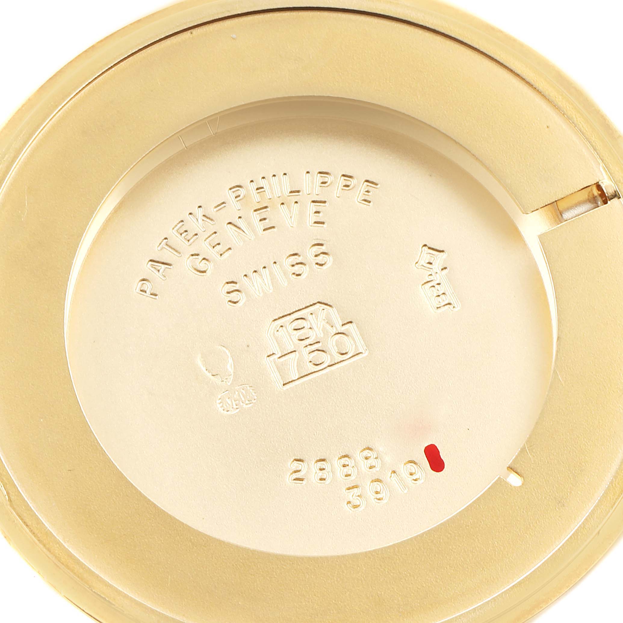 The image shows the inside of the case back for a Patek Philippe Calatrava 3919 Men's Yellow Gold White Dial 3919 Men's Yellow Gold White Dial watch in gold.