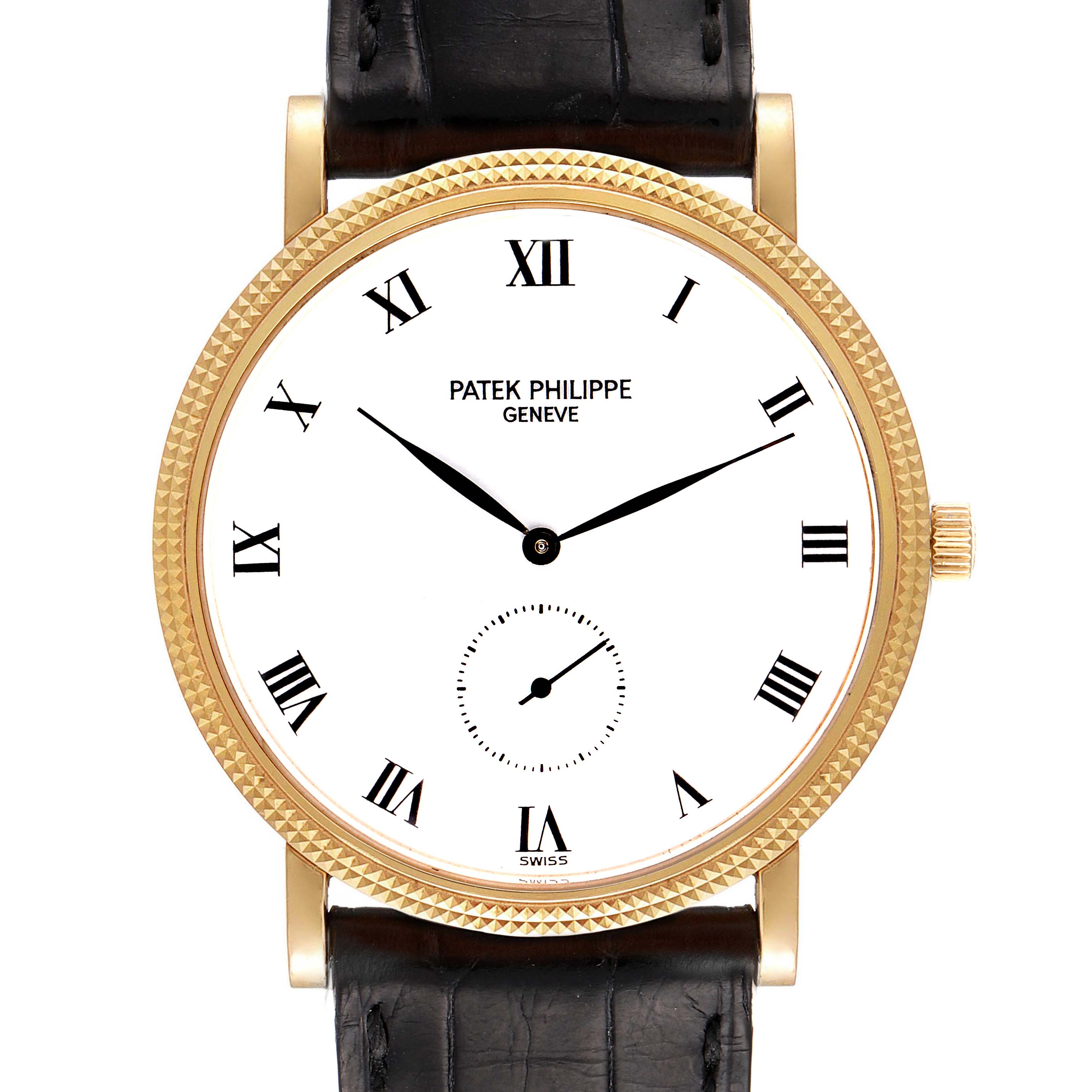 The image shows the front view of a Patek Philippe Calatrava 3919 Men's Yellow Gold White Dial 3919 Men's Yellow Gold White Dial watch, highlighting its white dial, Roman numerals, and black leather strap.