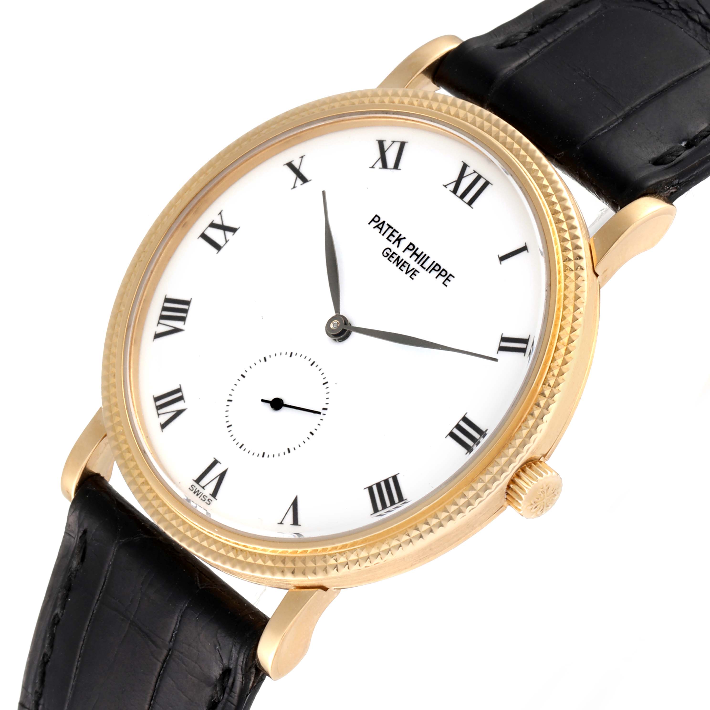 The image shows a Patek Philippe Calatrava 3919 Men's Yellow Gold White Dial 3919 Men's Yellow Gold White Dial watch from an angled top view, highlighting its face, crown, case, and black strap.