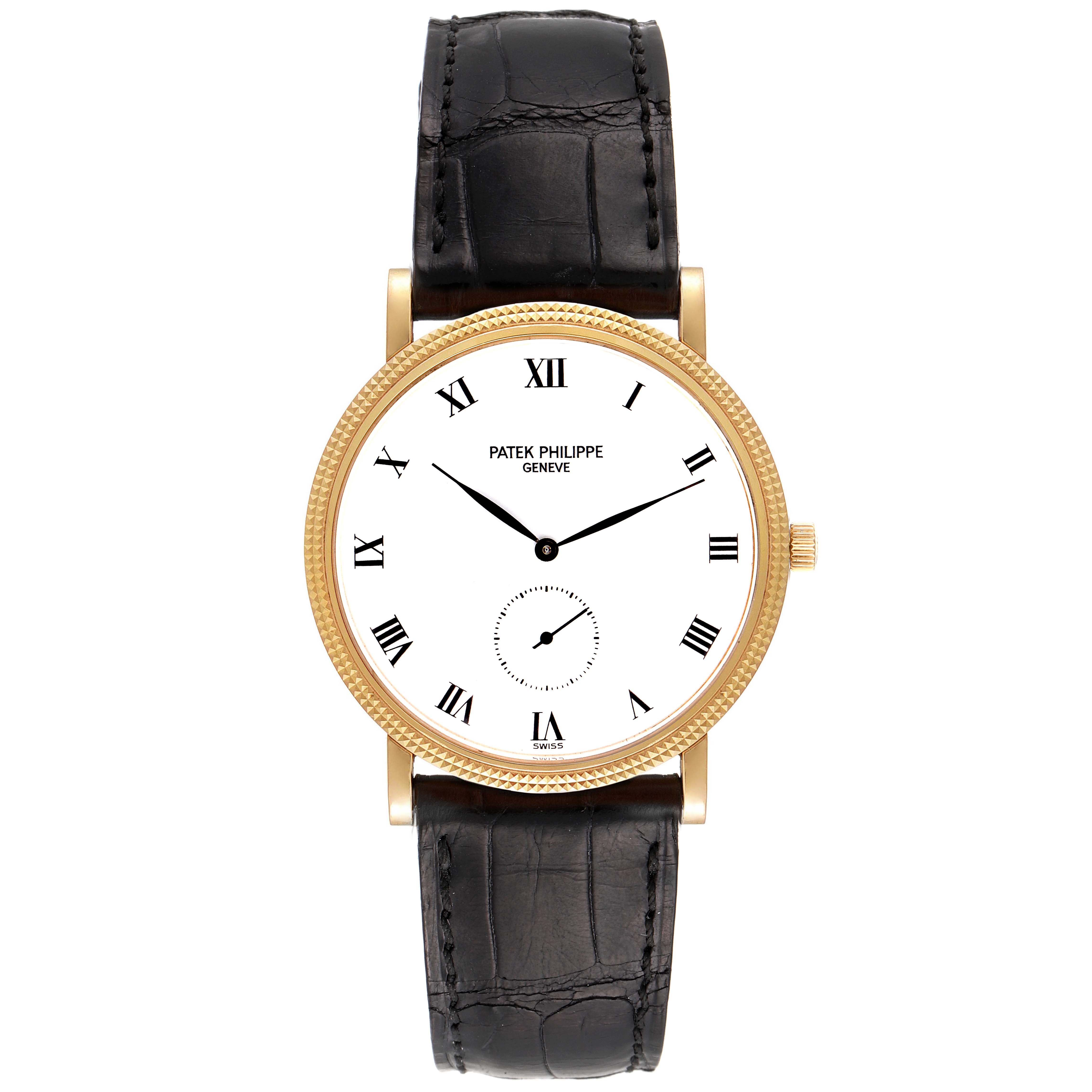 The image shows a frontal view of a Patek Philippe Calatrava 3919 Men's Yellow Gold White Dial 3919 Men's Yellow Gold White Dial watch, displaying its face, hands, and leather strap.