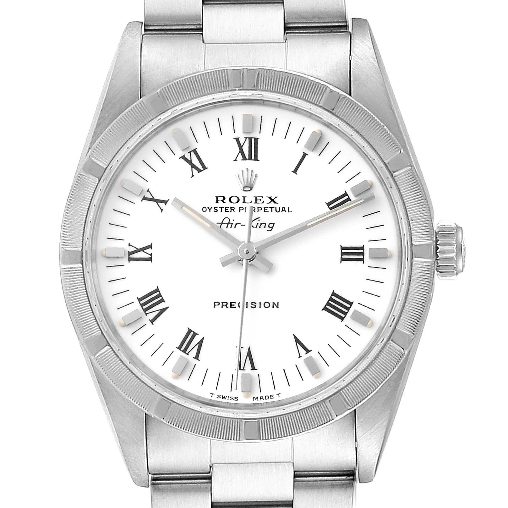 The image shows a front view of the Rolex Air-King 30891 Men's Stainless Steel White Dial 30891 Men's Stainless Steel White Dial watch, displaying its white dial, Roman numeral markers, hands, and stainless steel bracelet.