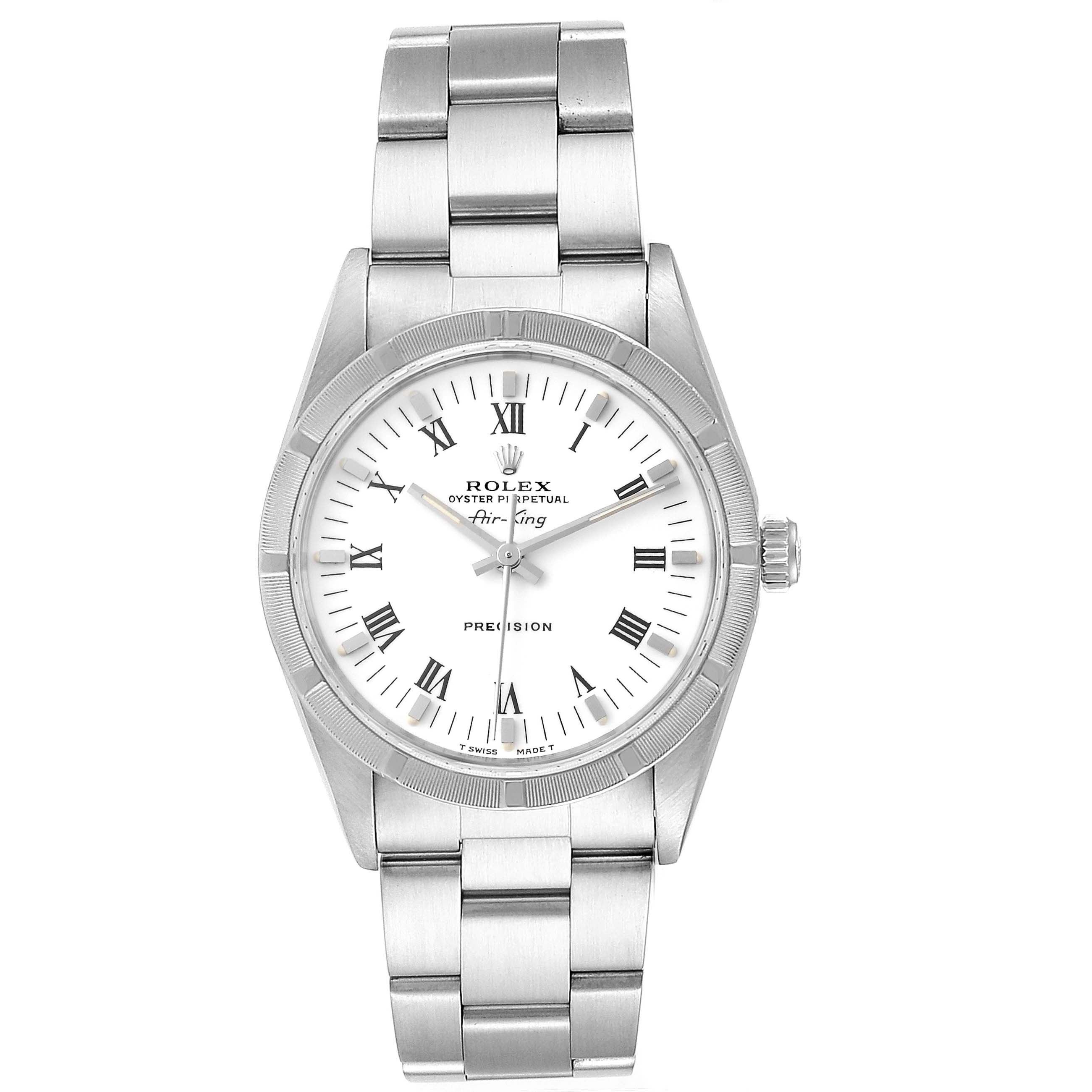 This image shows a front view of the Rolex Air-King 30891 Men's Stainless Steel White Dial 30891 Men's Stainless Steel White Dial watch, highlighting the dial, bezel, case, and bracelet.