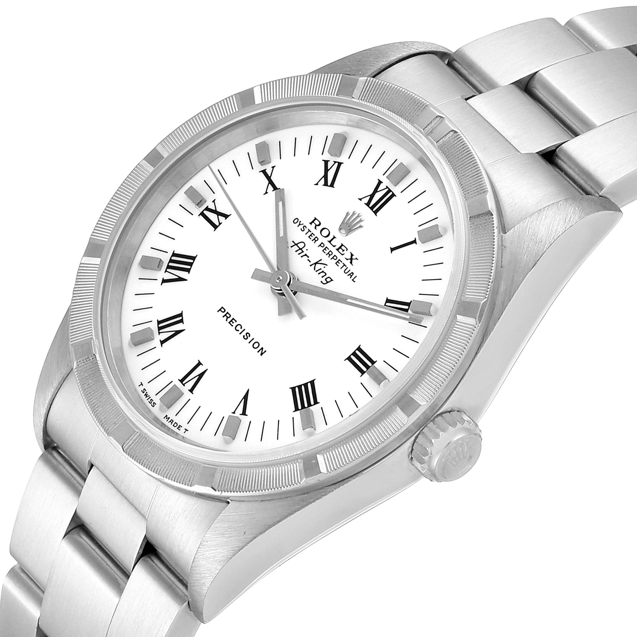The image shows a Rolex Air-King 30891 Men's Stainless Steel White Dial 30891 Men's Stainless Steel White Dial watch from a slightly angled top-down view, highlighting its face, bezel, and part of the bracelet.