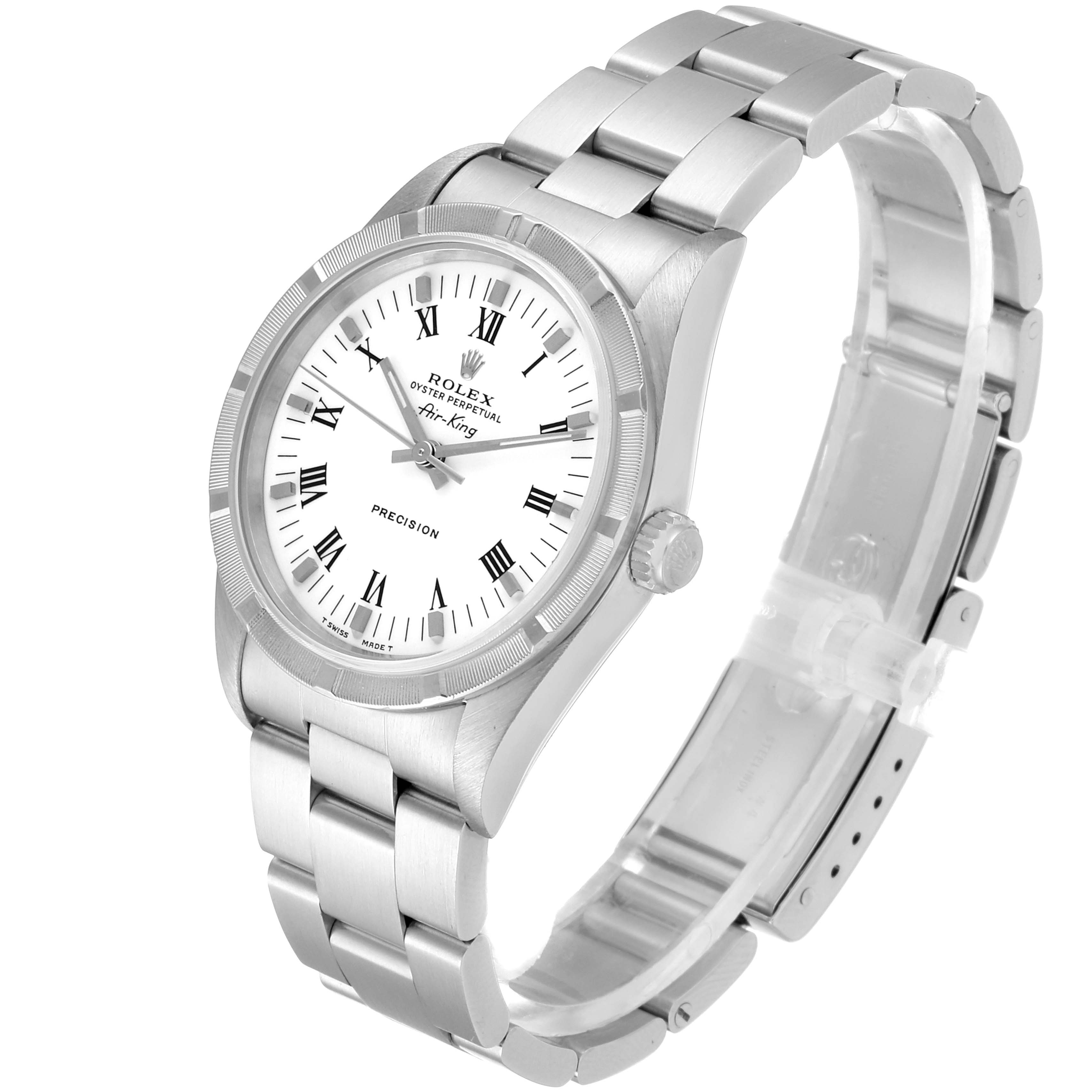 This image shows a Rolex Air-King 30891 Men's Stainless Steel White Dial 30891 Men's Stainless Steel White Dial watch angled from the upper left side, highlighting the dial, bezel, and bracelet.