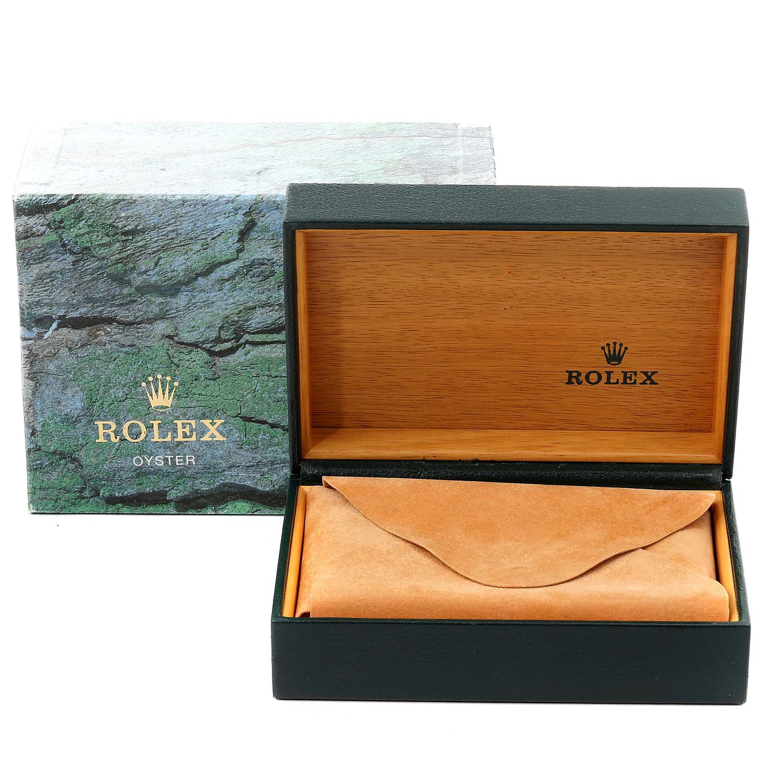 Image shows an open Rolex Air-King 30891 Men's Stainless Steel White Dial 30891 Men's Stainless Steel White Dial box with a leather pouch inside, and the outer packaging next to it.