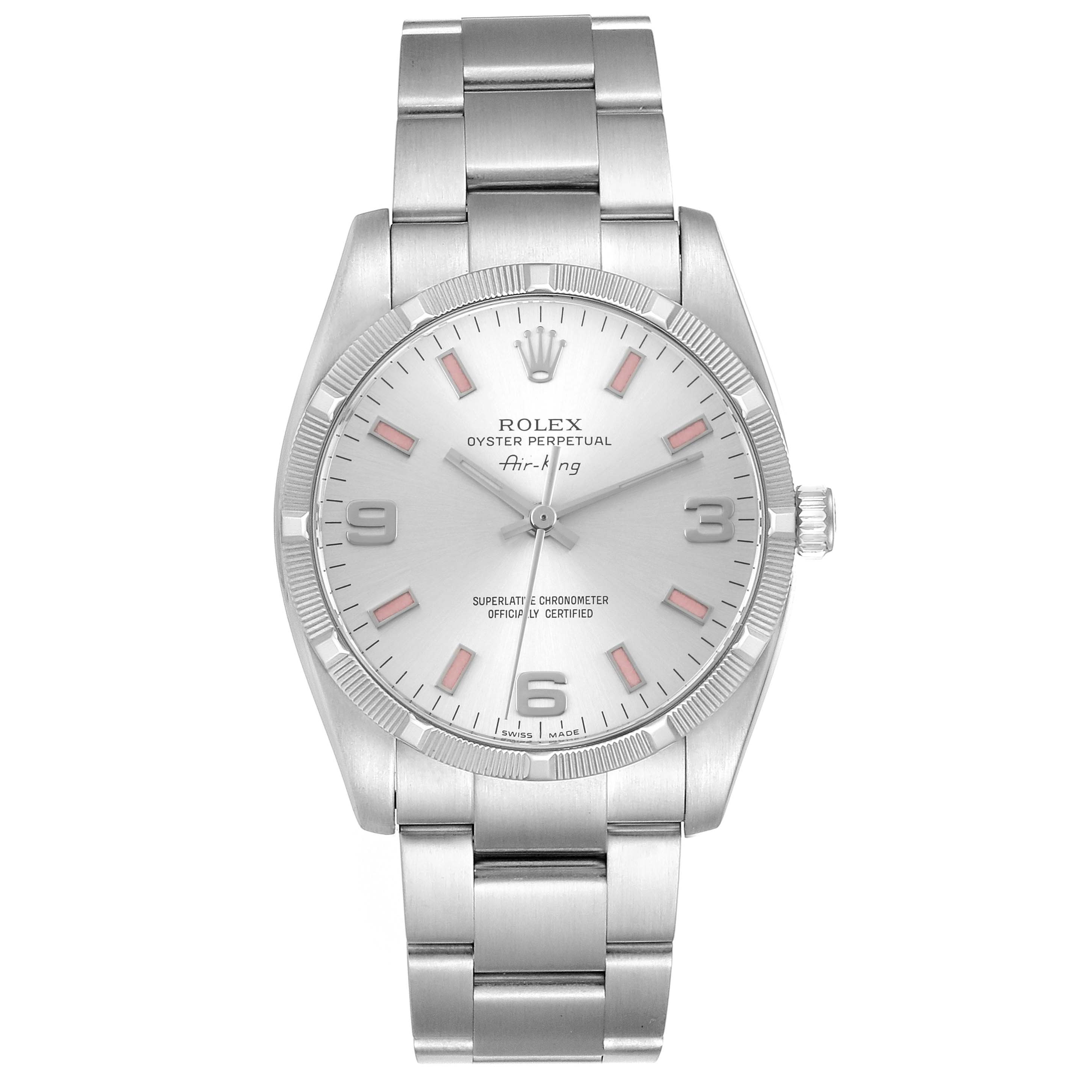 The Rolex Air-King 114210 Men's Stainless Steel Silver Dial 114210 Men's Stainless Steel Silver Dial watch is shown from the front, displaying the dial, case, bezel, and full bracelet.