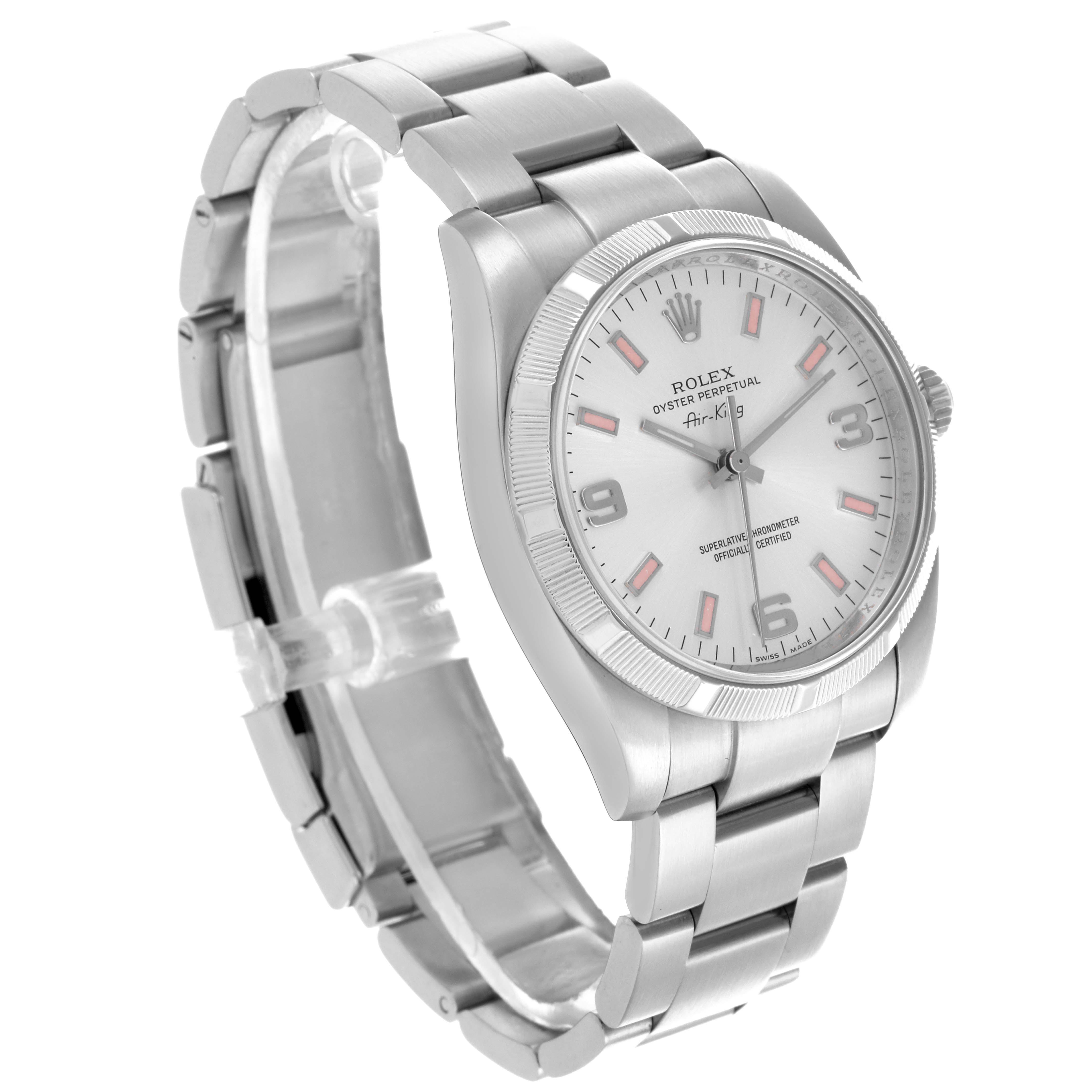 The Rolex Air-King 114210 Men's Stainless Steel Silver Dial 114210 Men's Stainless Steel Silver Dial watch is shown at a three-quarter angle, displaying the case, dial, crown, and a portion of the bracelet.