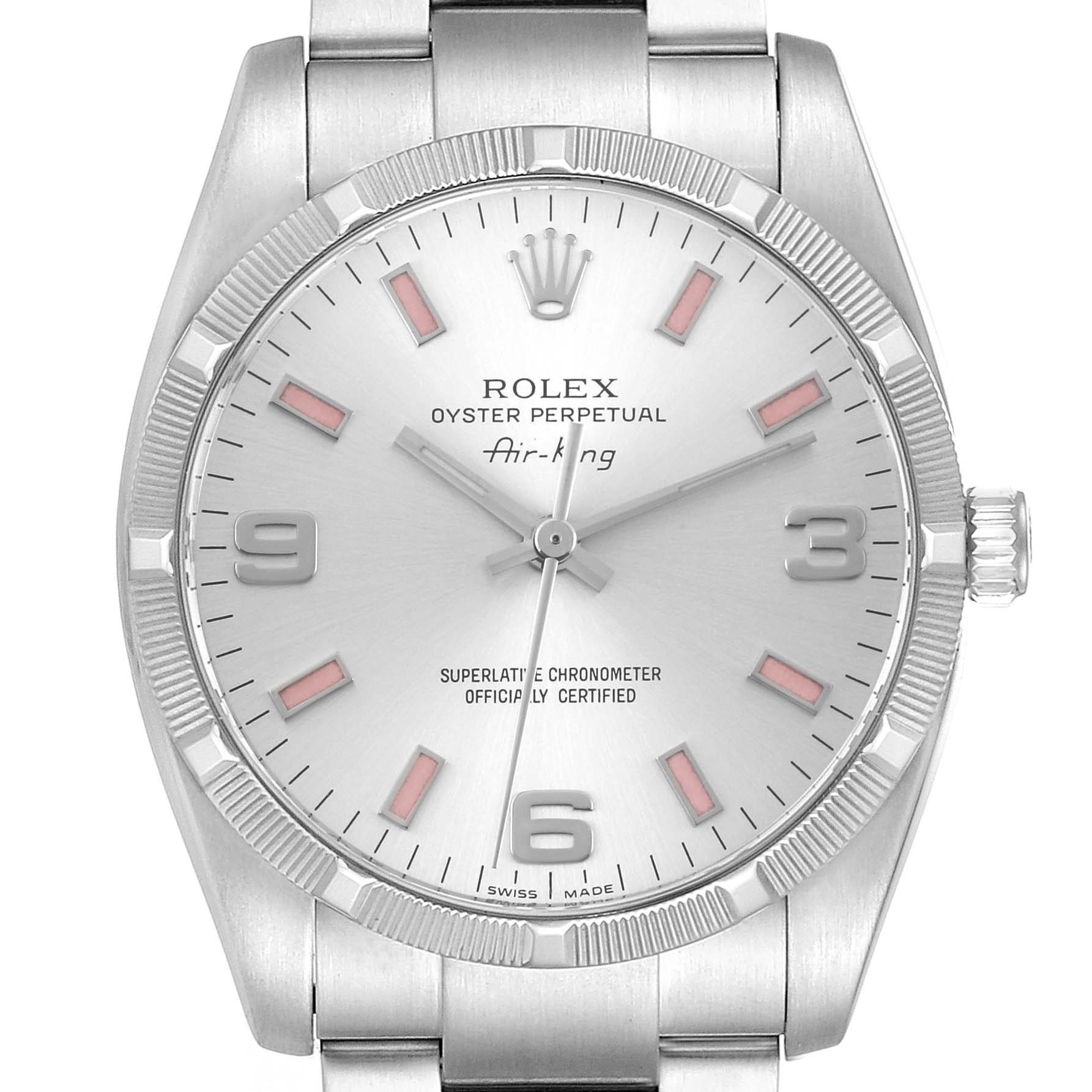 The image shows a frontal view of the Rolex Air-King 114210 Men's Stainless Steel Silver Dial 114210 Men's Stainless Steel Silver Dial watch, displaying its face, bezel, and part of the bracelet.