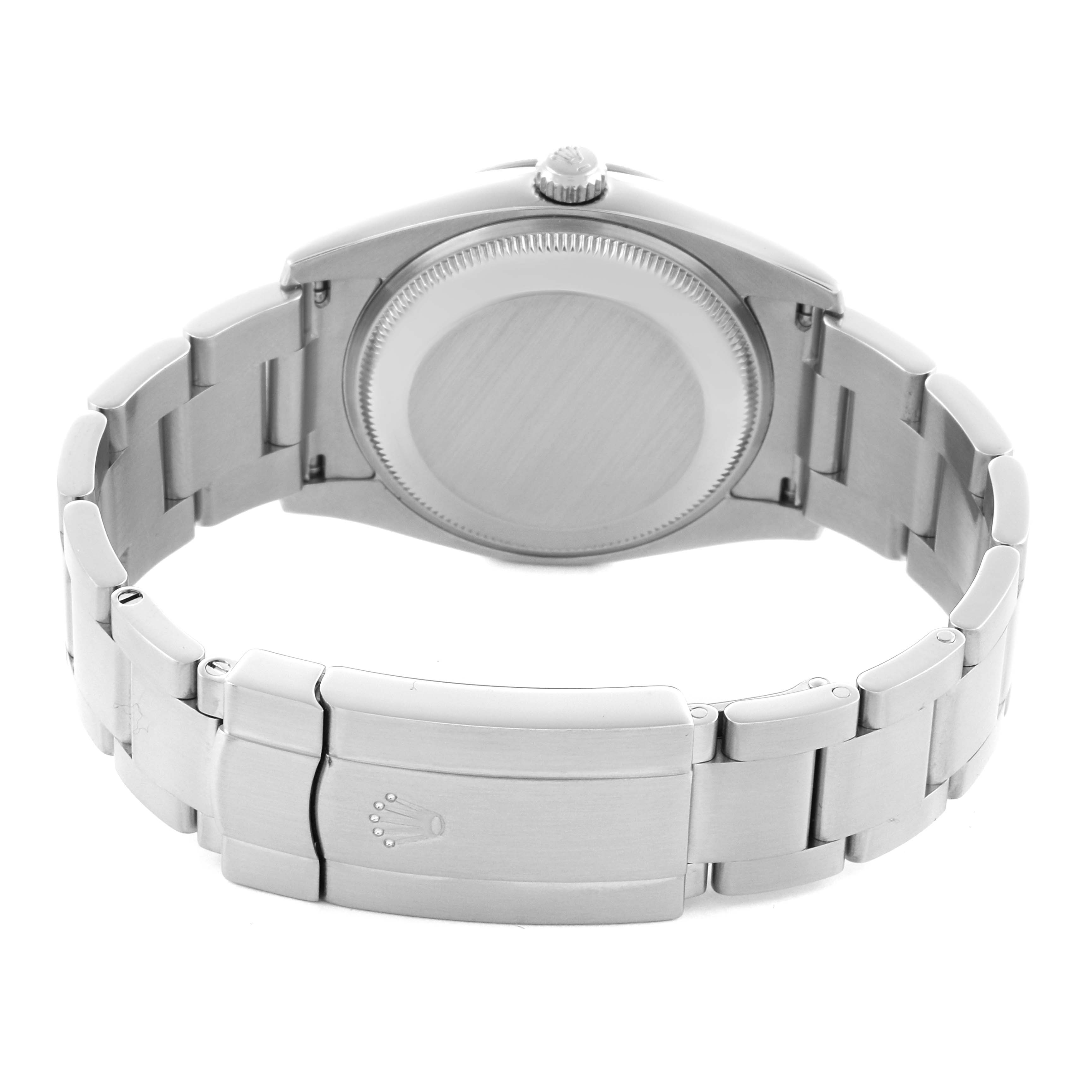The image shows the back case and bracelet of a Rolex Air-King 114210 Men's Stainless Steel Silver Dial 114210 Men's Stainless Steel Silver Dial watch from a rear angle.