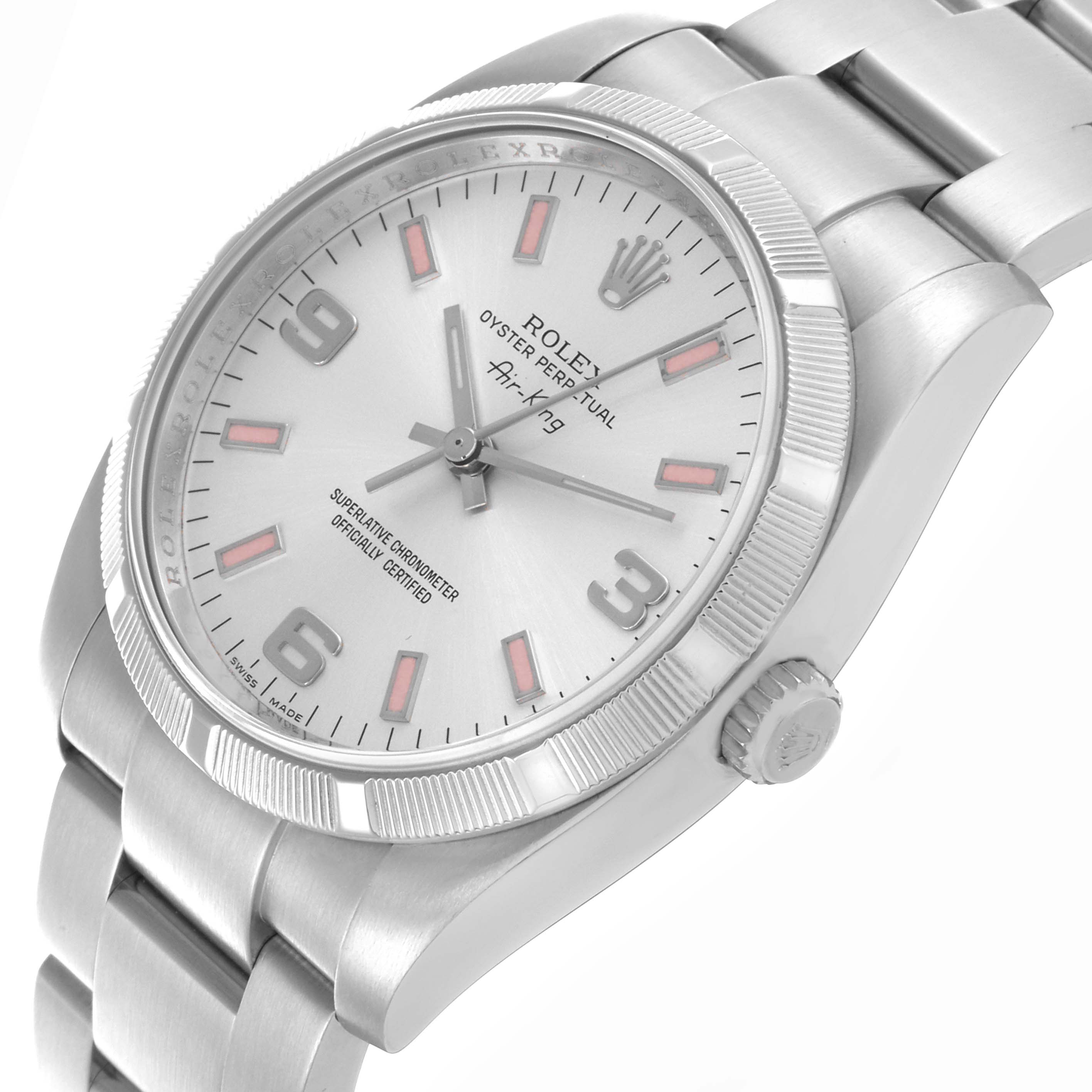 The image shows the Rolex Air-King 114210 Men's Stainless Steel Silver Dial 114210 Men's Stainless Steel Silver Dial watch at an angled close-up, highlighting the face, bezel, crown, and bracelet.