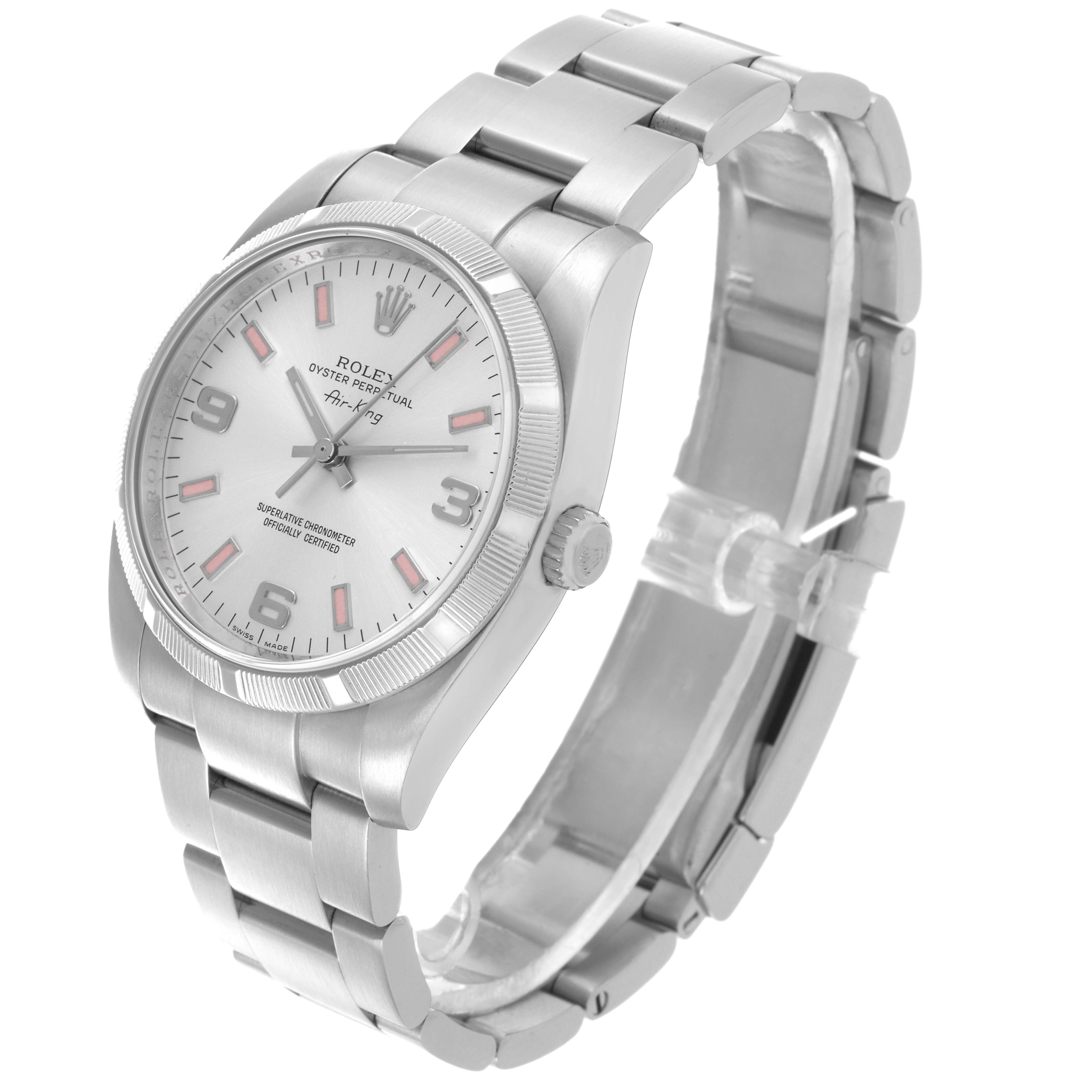 The Rolex Air-King 114210 Men's Stainless Steel Silver Dial 114210 Men's Stainless Steel Silver Dial watch is shown at an angled view, highlighting the face, bezel, and bracelet.