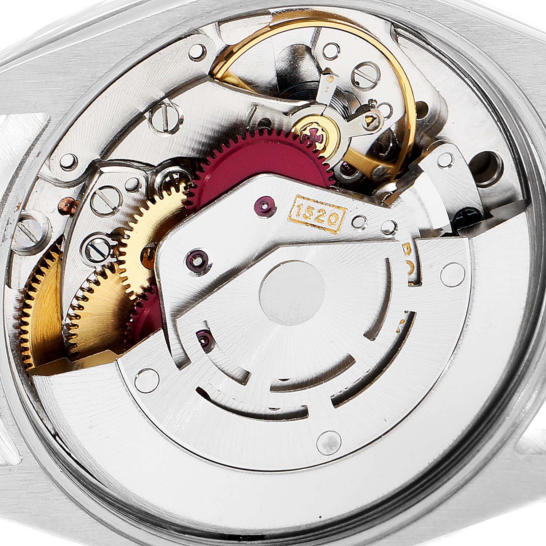 This close-up shows the intricate movement mechanism inside the Rolex Vintage Collection 5500 Men's Stainless Steel Silver Dial 5500 Men's Stainless Steel Silver Dial model.